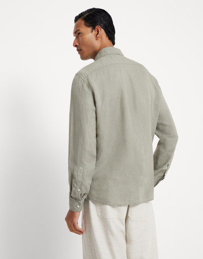 Brunello Cucinelli Garment-dyed easy fit shirt in linen and cotton pinpoint with chest pockets outlook