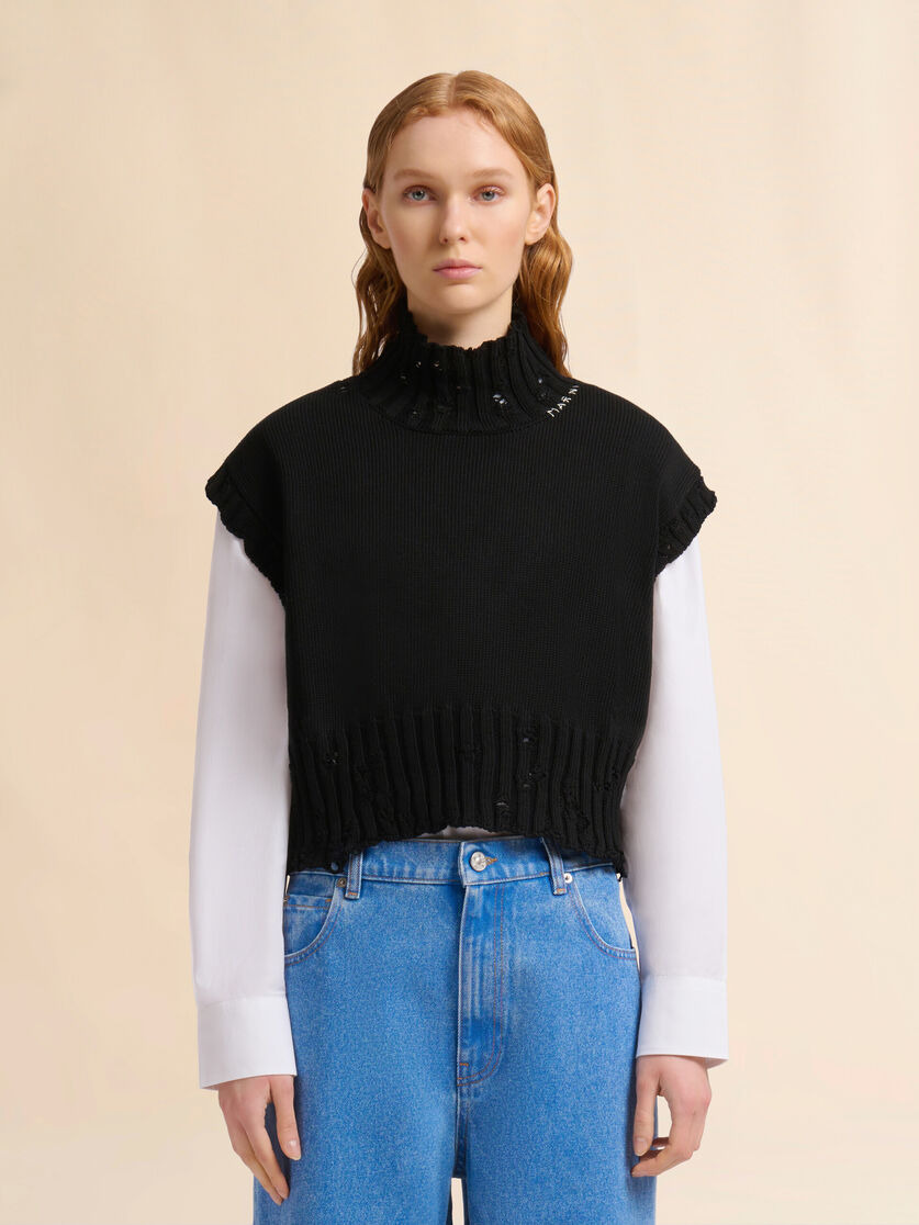 BLACK COTTON CROPPED VEST - 2