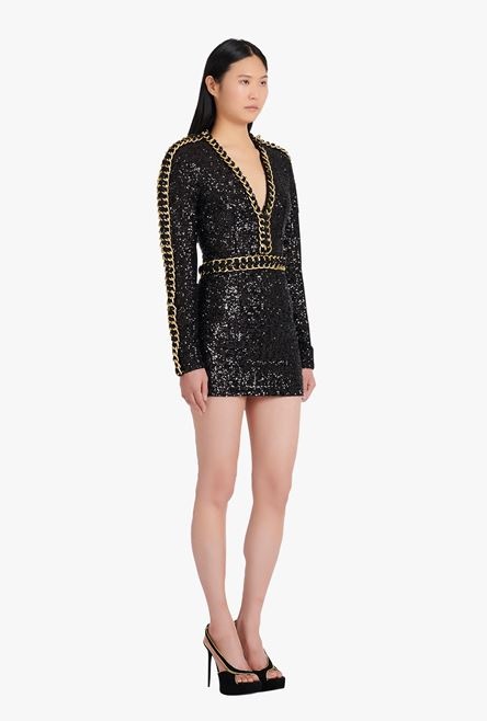 Short black and gold embroidered dress - 7