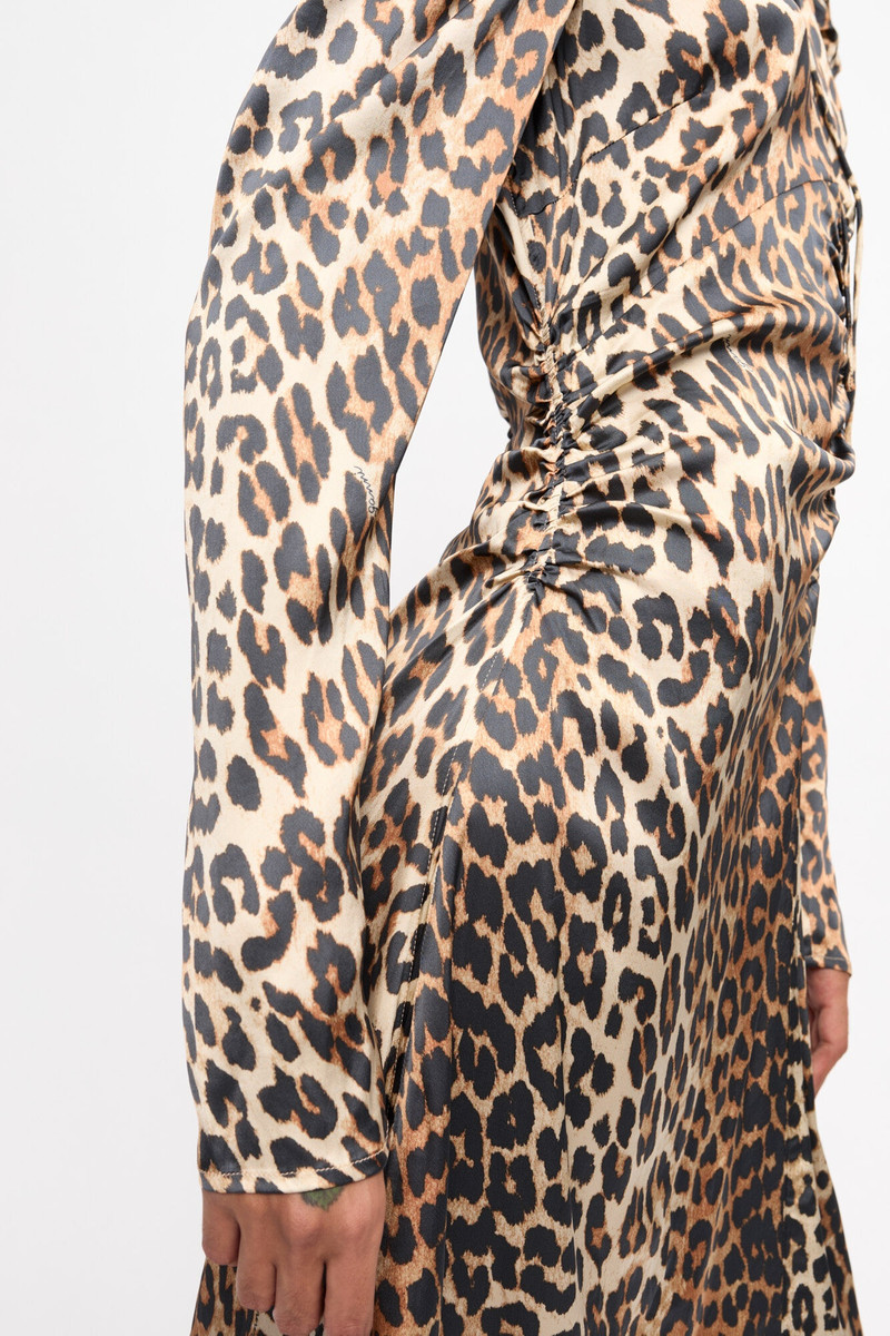LEOPARD PRINT SATIN RUCHED MIDI DRESS 3