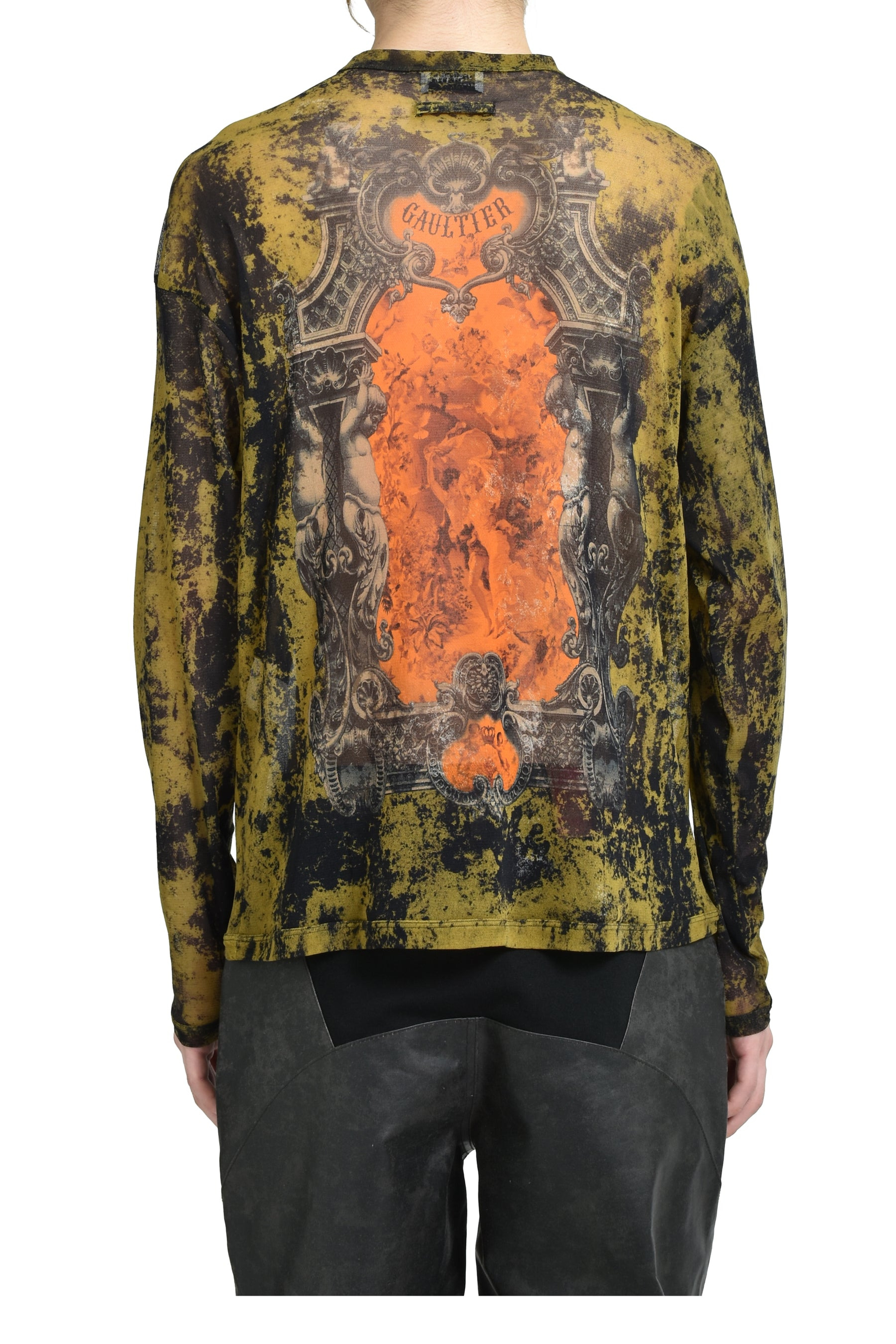 MESH OVERSIZED CREW NECK TOP PRINTED "MEDAILLON" / BLK/KHA/ORG - 2