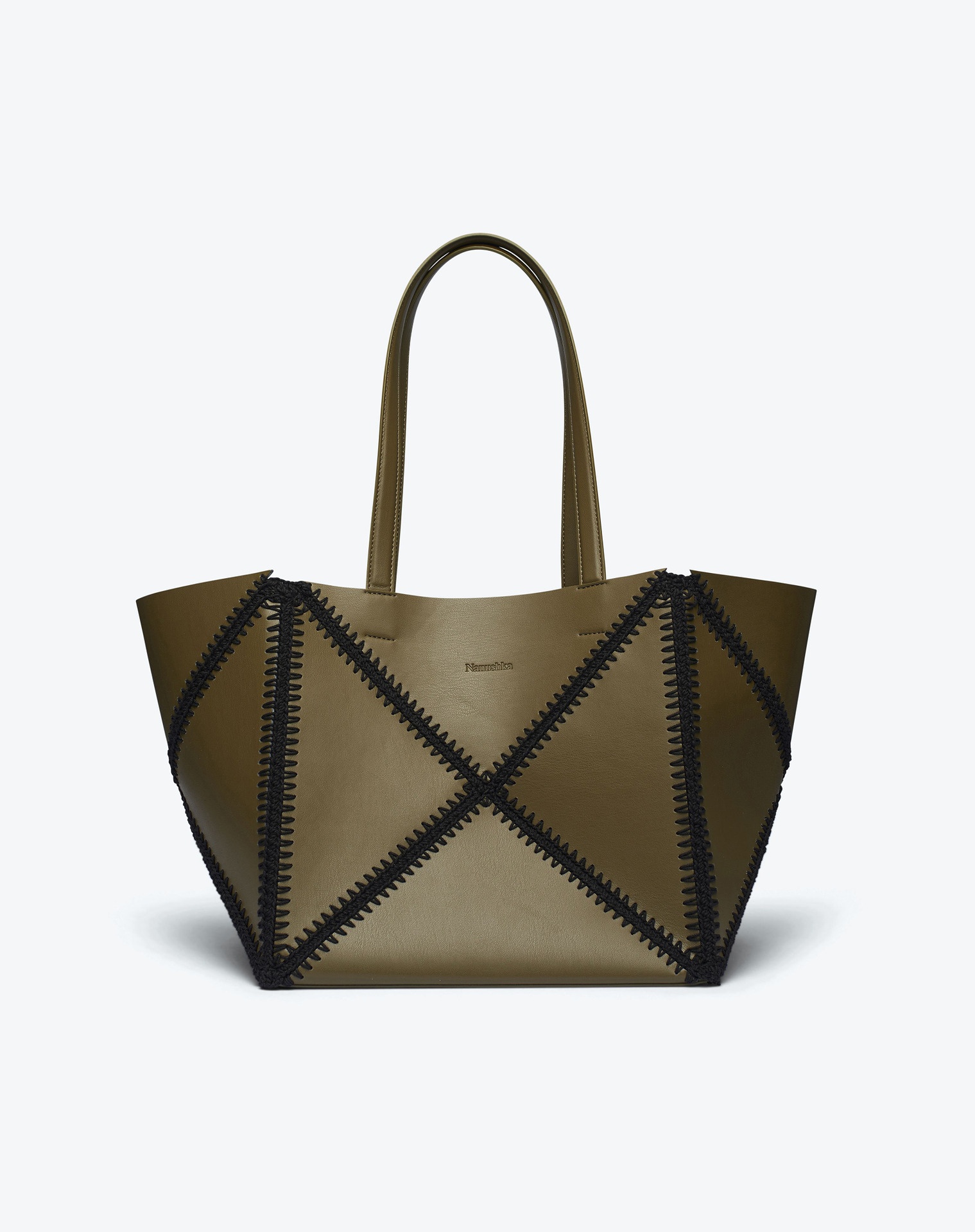 THE ORIGAMI TOTE - Vegan leather patchwork midi tote - Khaki - 1