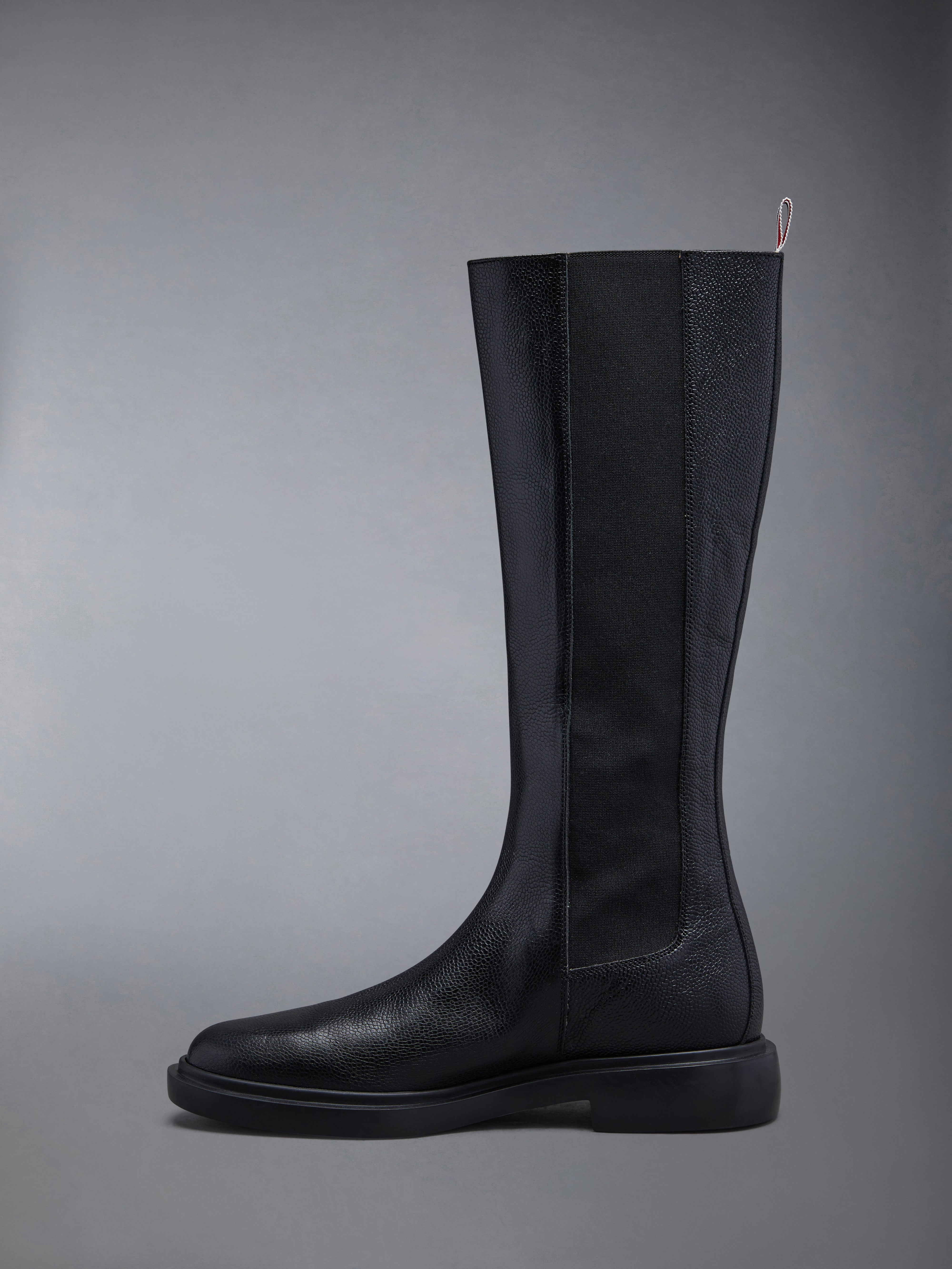 Black Pebble Grain Leather 4-Bar Lightweight Rubber Sole Knee High Chelsea Boot - 3