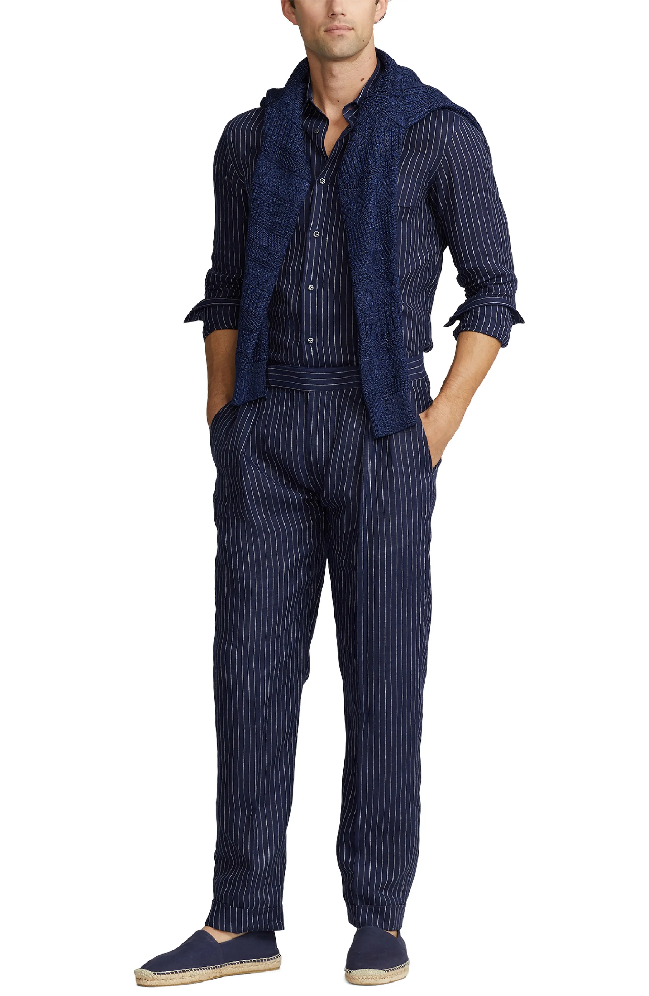 Glenn Pinstripe Cuff Hem Linen Trousers in Spring Navy/Cream - 7