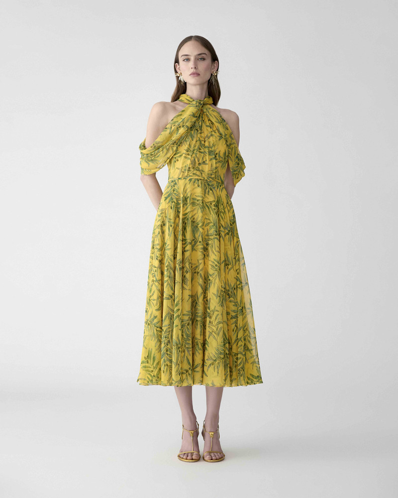 CAROLINA HERRERA Olive Branch-Print Halterneck Midi Dress outlook