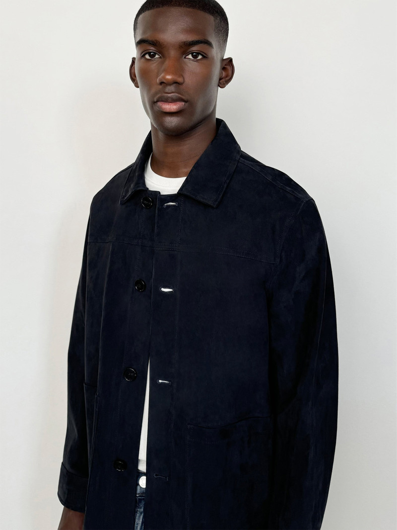 FRAME Unlined Suede Chore Coat in Dark Navy outlook