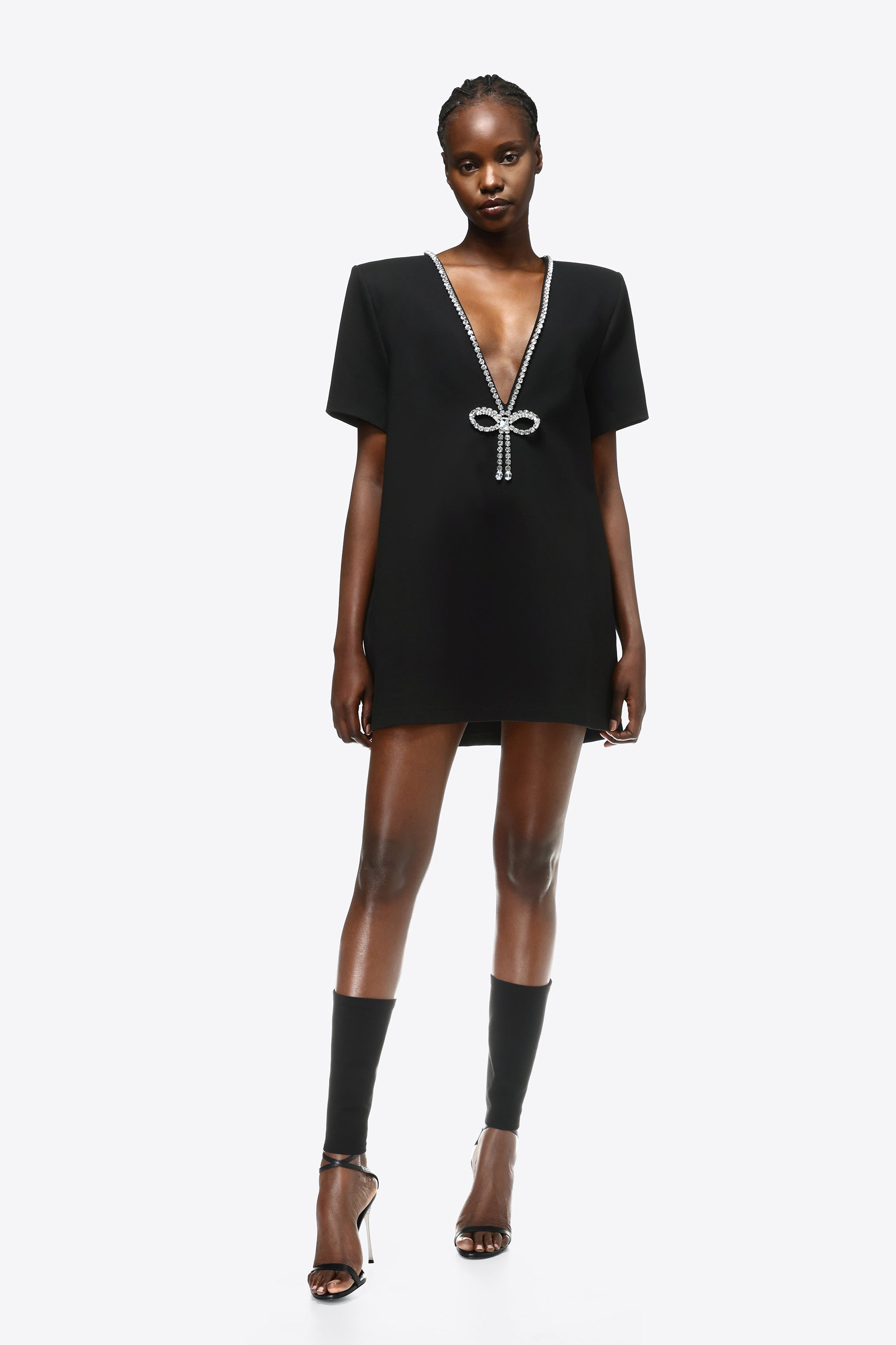CRYSTAL BOW V-NECK T-SHIRT DRESS - 3