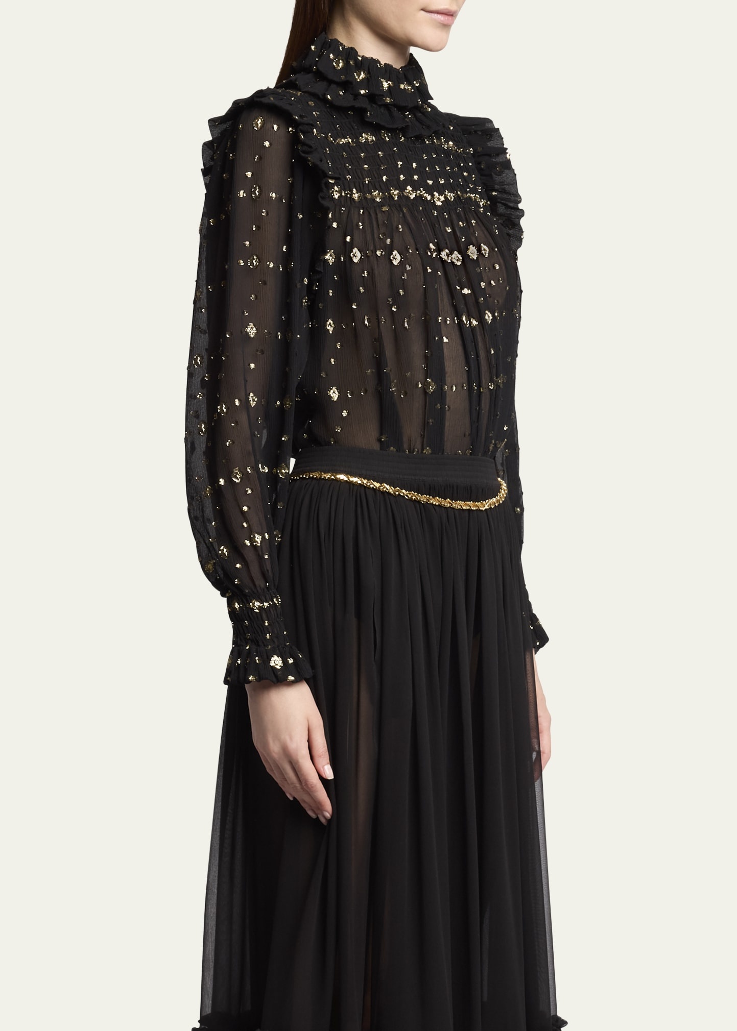 Smocked Sheer High Neck Embroidered Blouse - 4