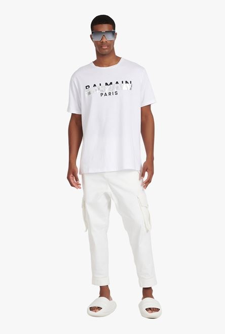 Oversized white eco-designed cotton T-shirt with black and silver Balmain logo print - 2