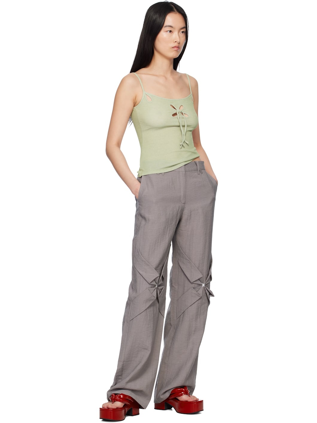 Gray Smocked Flower Trousers - 4