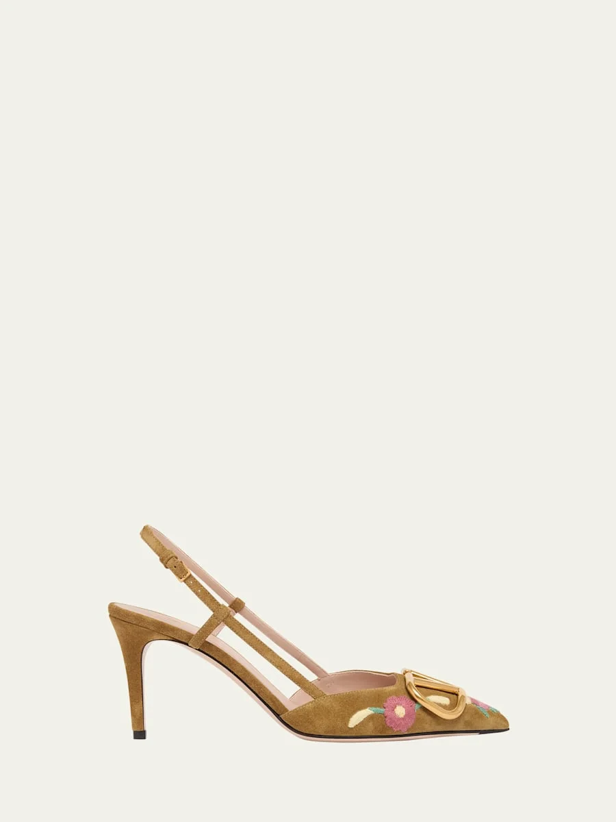 VLogo Signature Flower-Embroidered Suede Slingback Pumps - 1