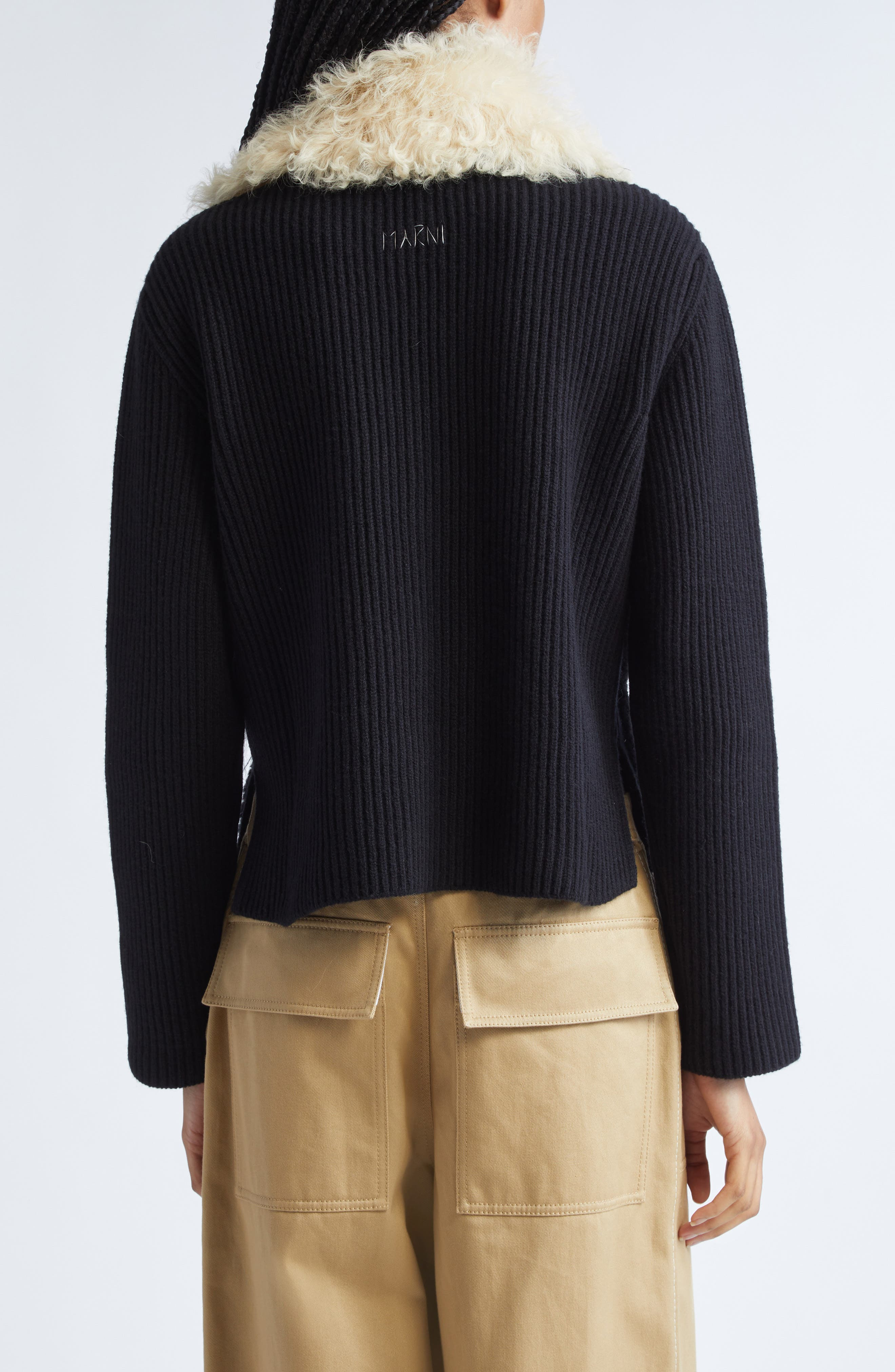 Marni Genuine Shearling & Virgin Wool Cardigan in Black at Nordstrom - 3