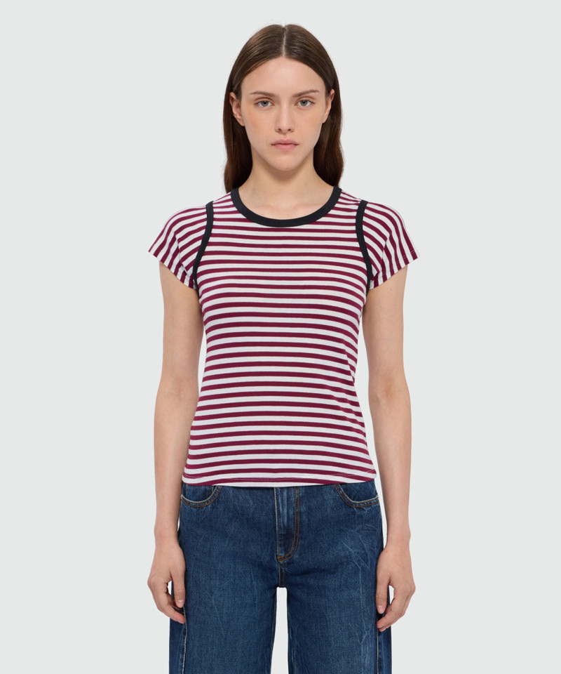 MSGM Burgundy striped short-sleeve cotton jersey T-shirt with contrast trims outlook