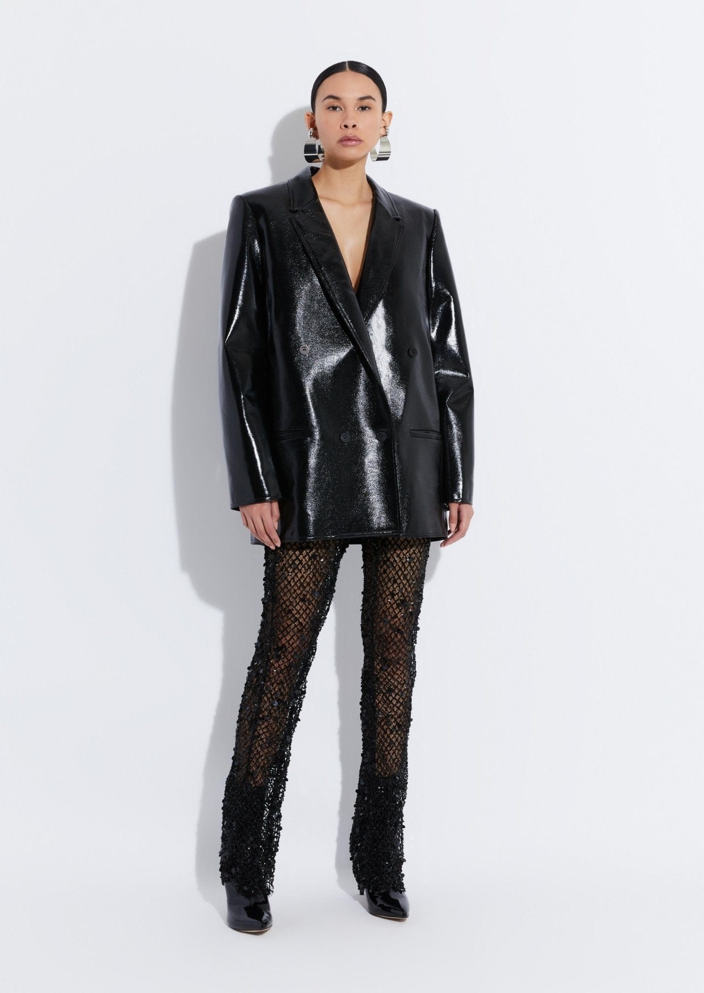 Patent Faux Leather Boxy Double Breasted Blazer - 2