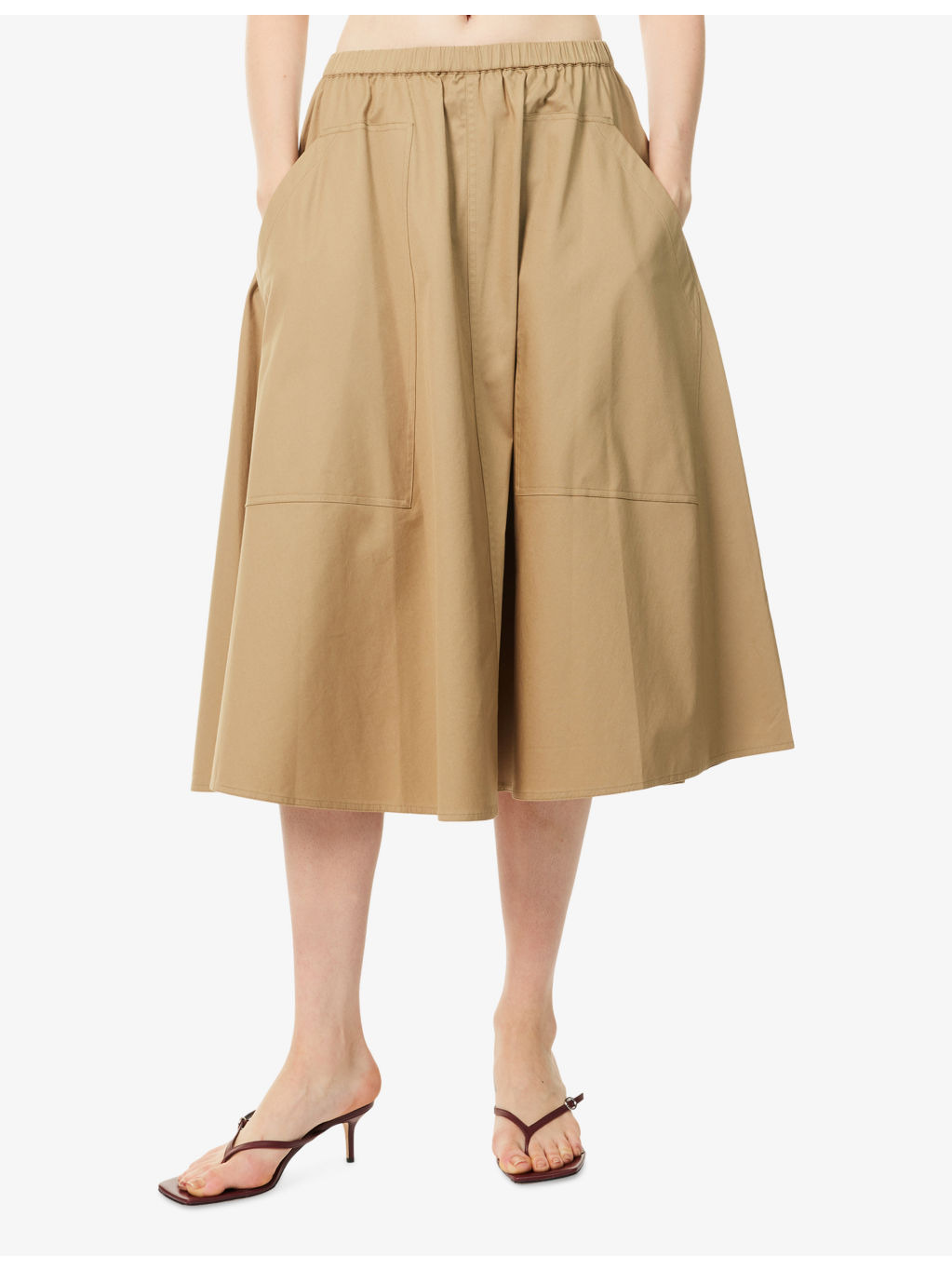 High-Waist Flared Stretch-Cotton Midi Skirt - 3