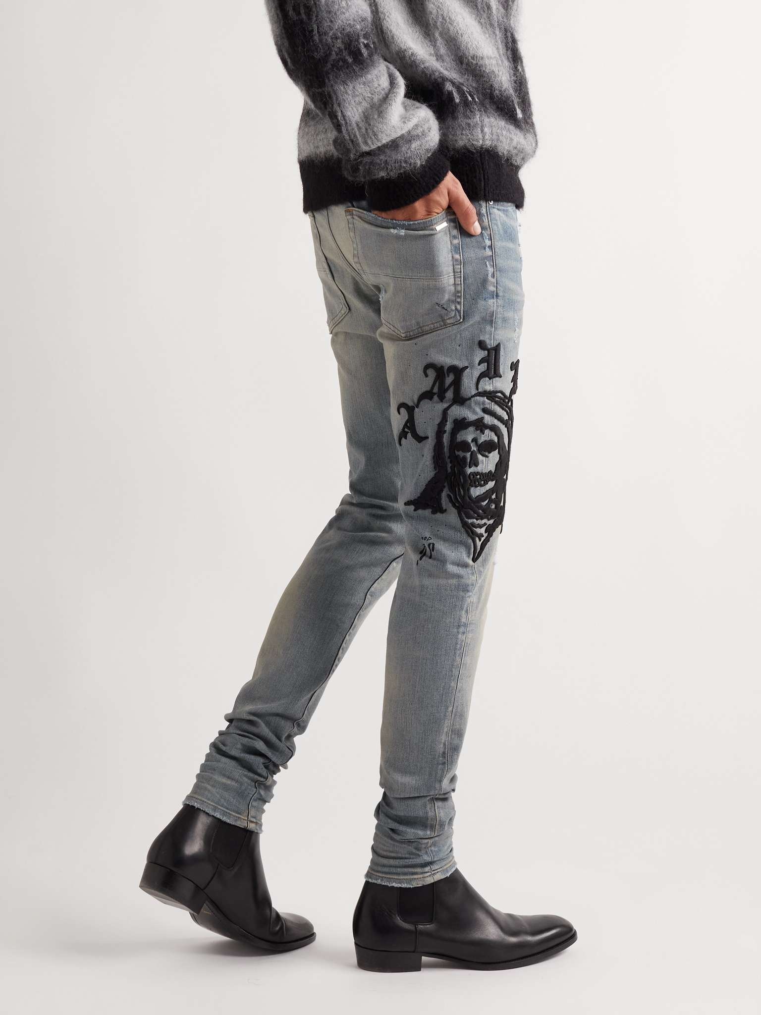 + Wes Lang Skinny-Fit Distressed Embroidered Jeans - 4