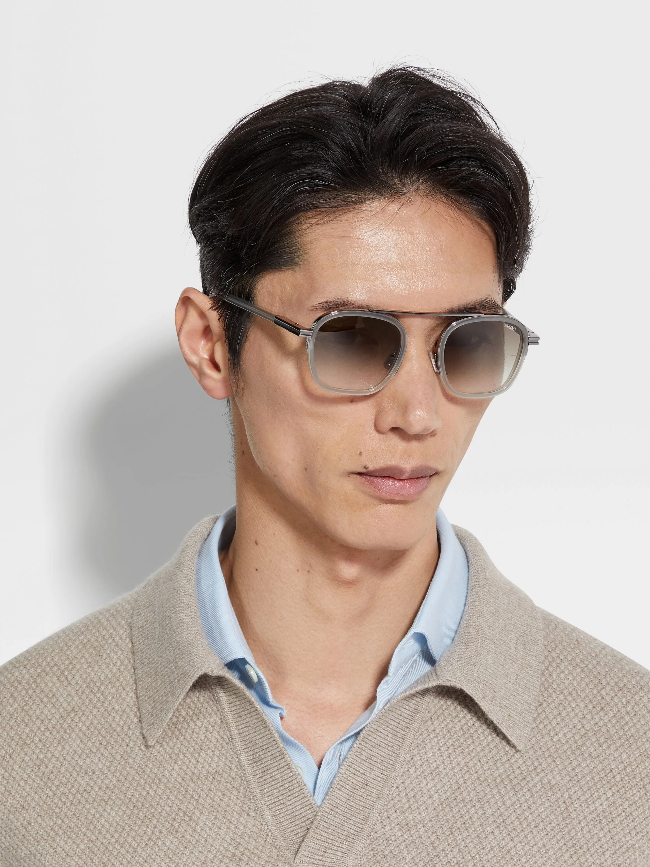 ZEGNA GREY ORIZZONTE I ACETATE AND METAL SUNGLASSES - EZ0231-5120F