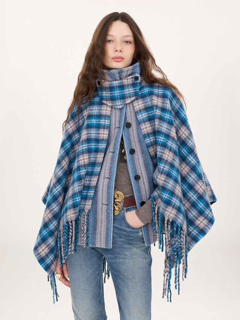 HIGH-NECK SHORT CAPE COAT IN CHECK WOOL & ALPACA 3