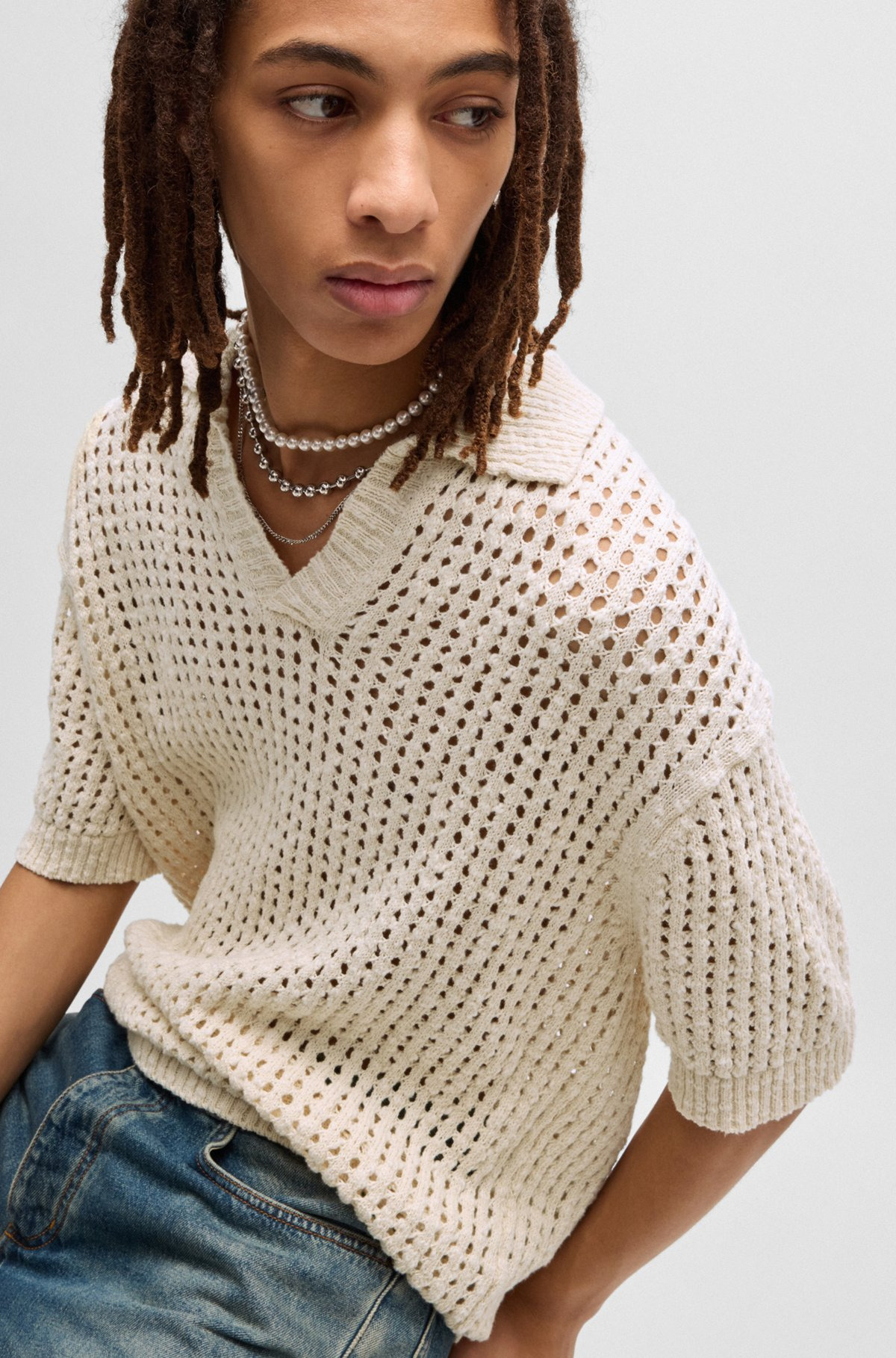 CROCHET KNIT POLO IN COTTON WITH JOHNNY COLLAR - 3