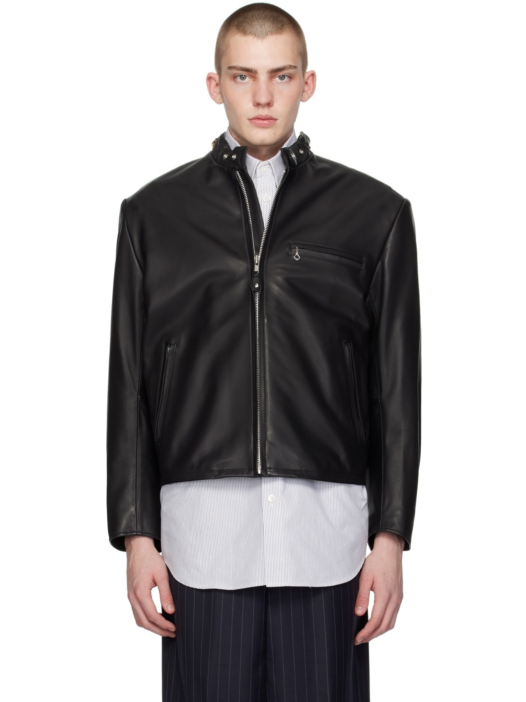 Black Chain Handle Leather Jacket - 1