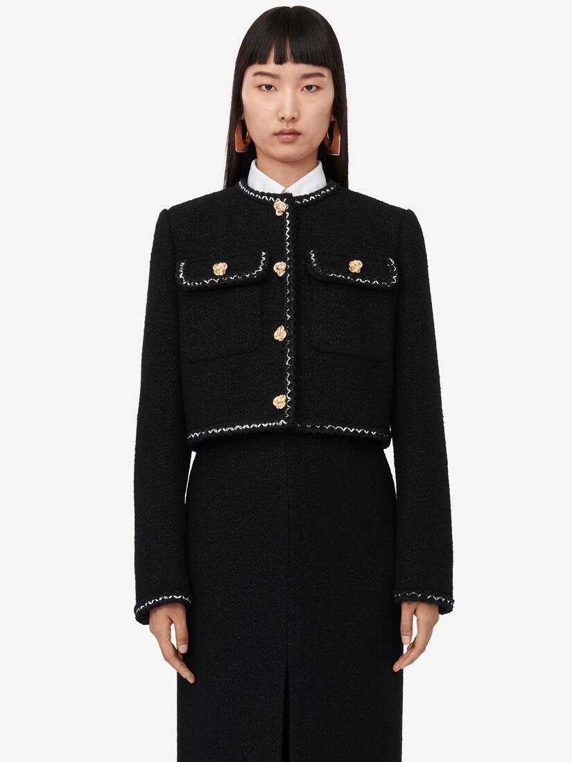 Women's Tweed Boxy Jacket in Black - 5