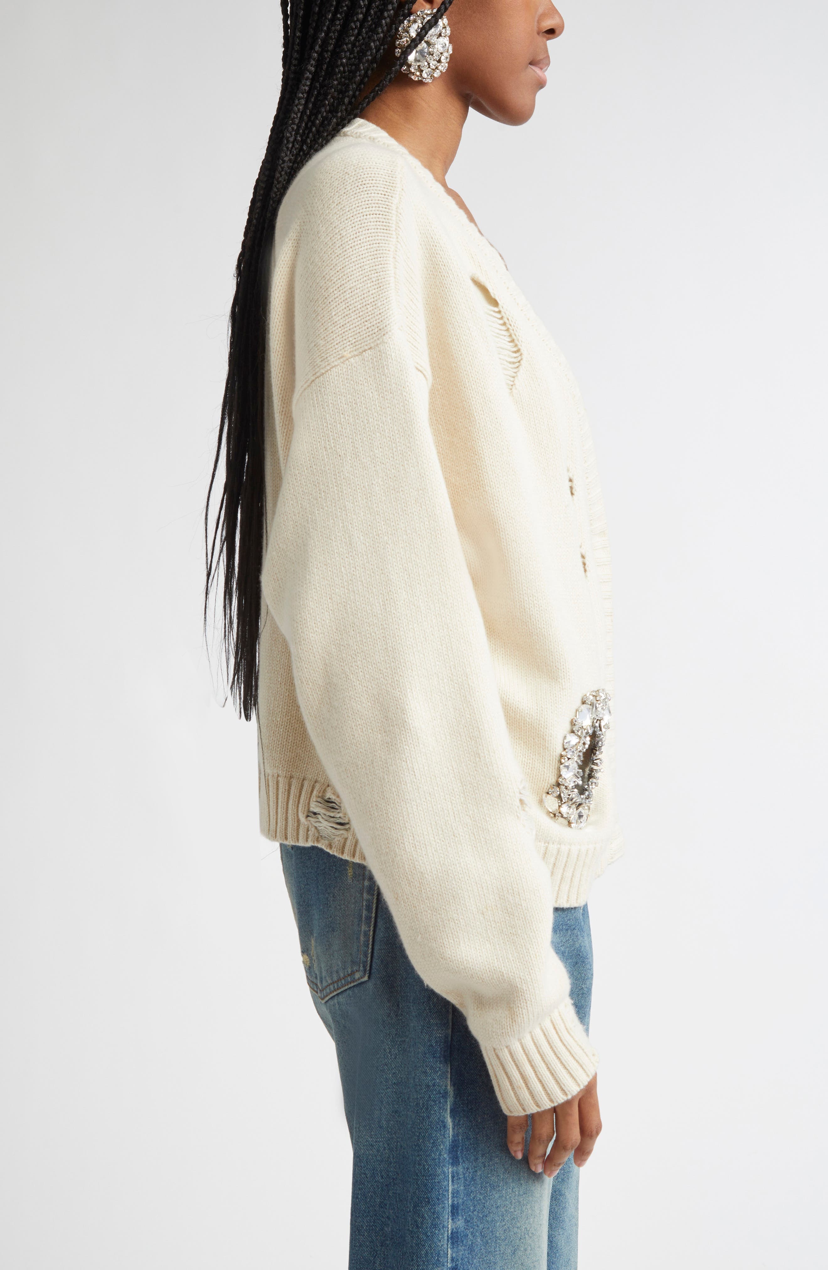 Area Distressed Crystal Cardigan in Cream at Nordstrom - 3