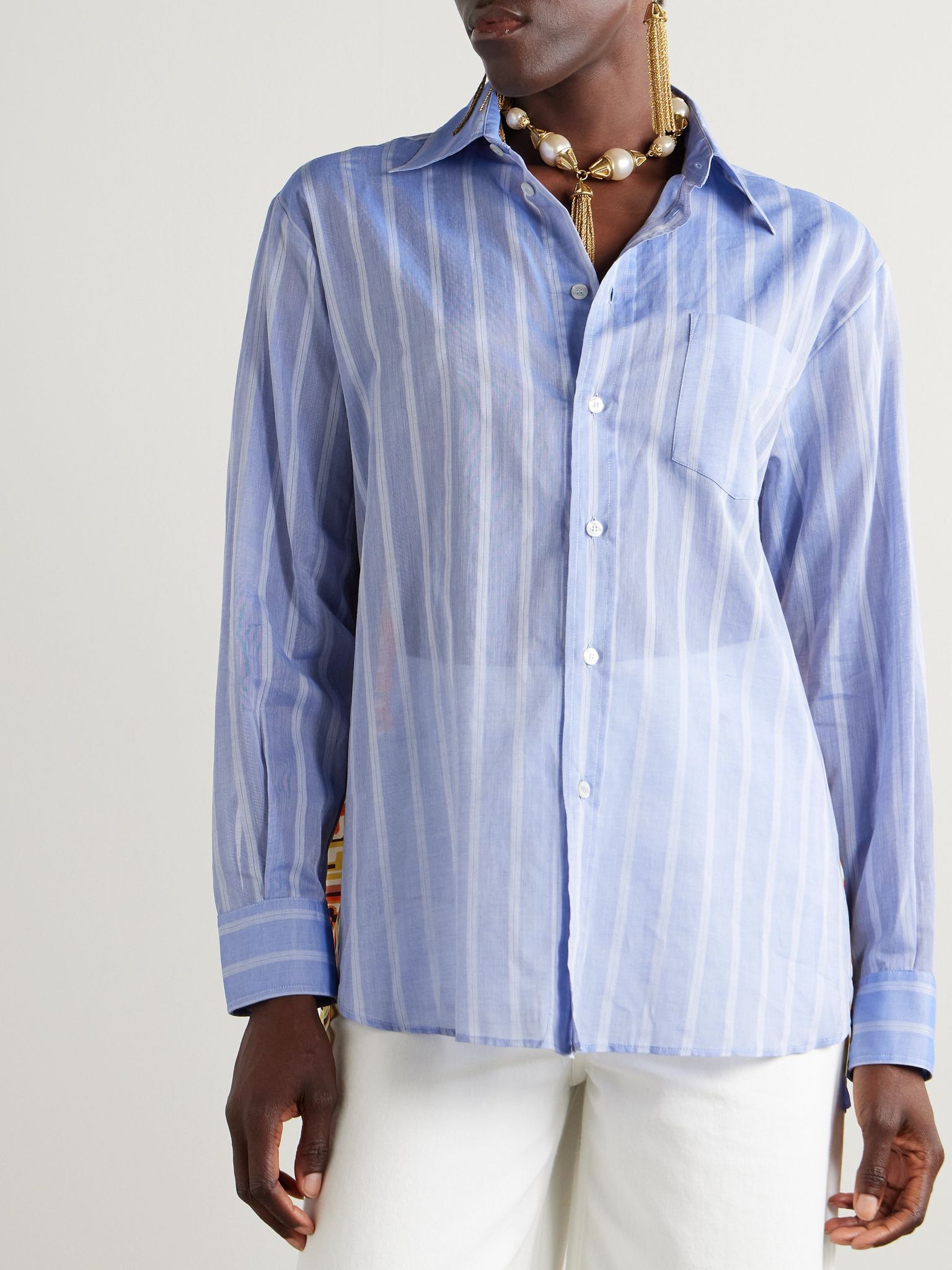Printed silk and striped cotton-voile shirt Blue - 3