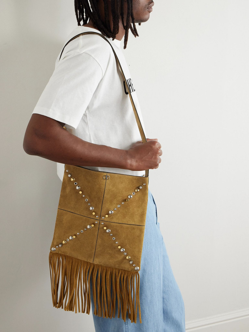 Valentino Fringed Studded Suede Shoulder Bag Brown outlook