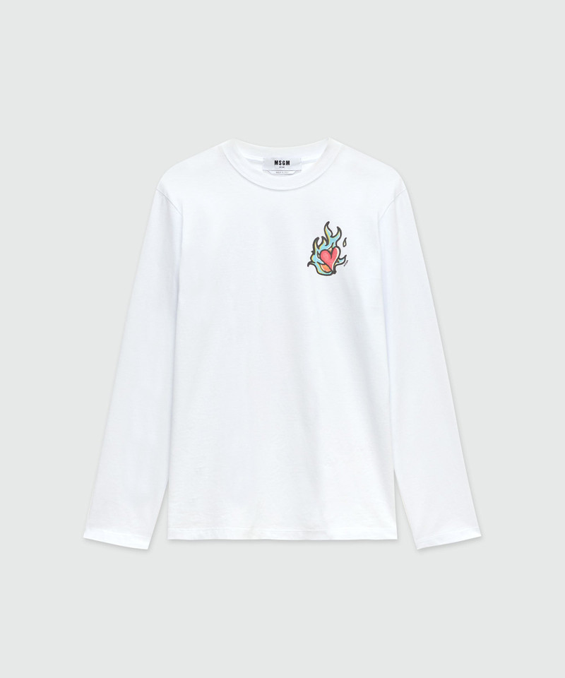 White long-sleeved jersey T-shirt with "Heart on Fire" print 1
