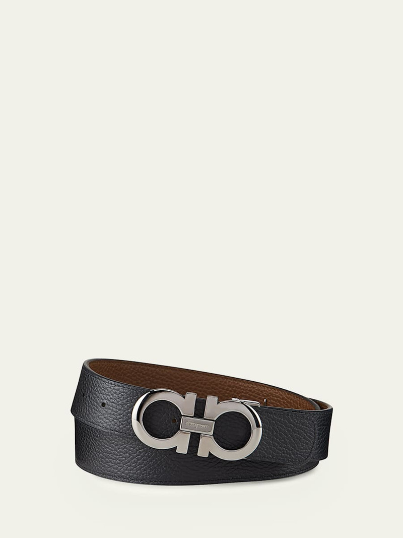 FERRAGAMO Men's Gancini Reversible Pebbled Leather Belt outlook