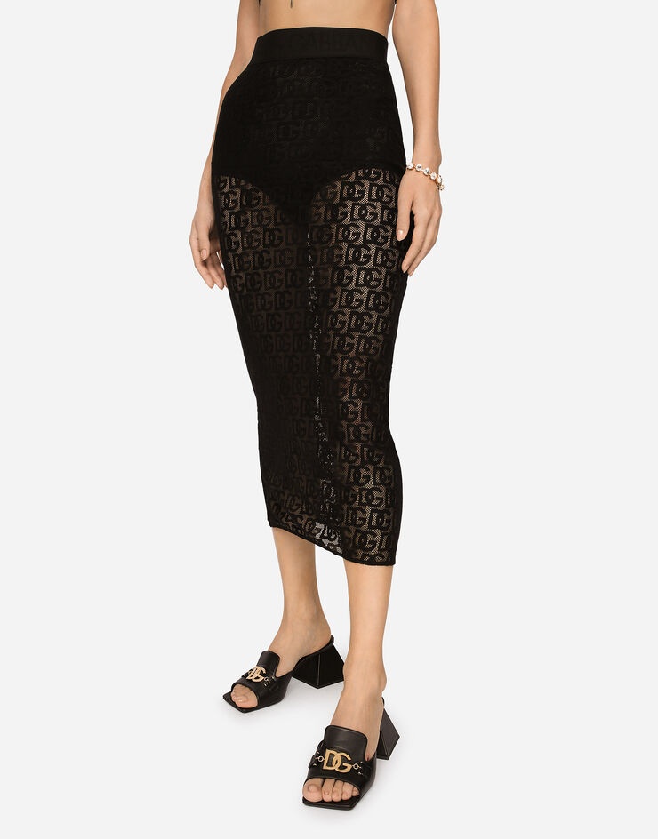 Tulle calf-length skirt with all-over DG logo - 2