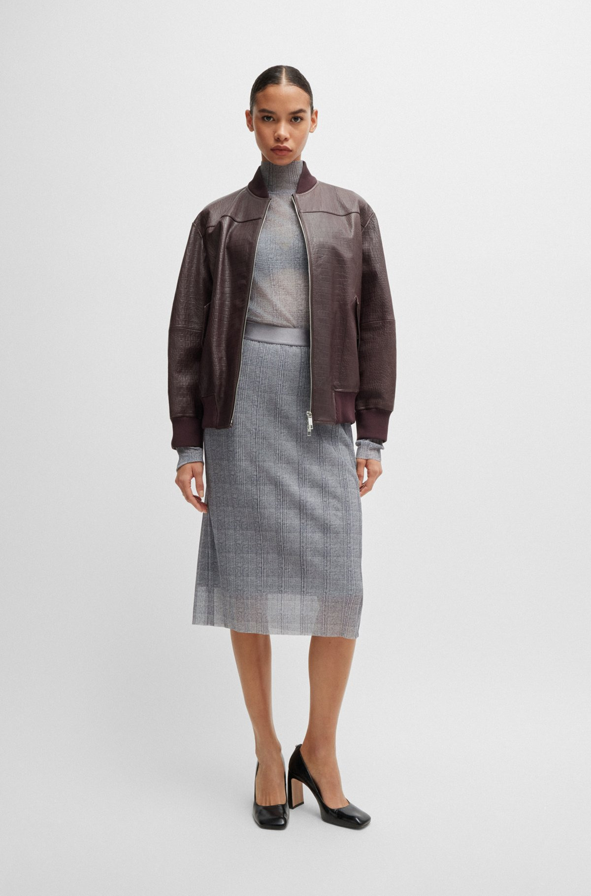 LEATHER BOMBER JACKET WITH EMBOSSED CROCODILE MOTIF - 3