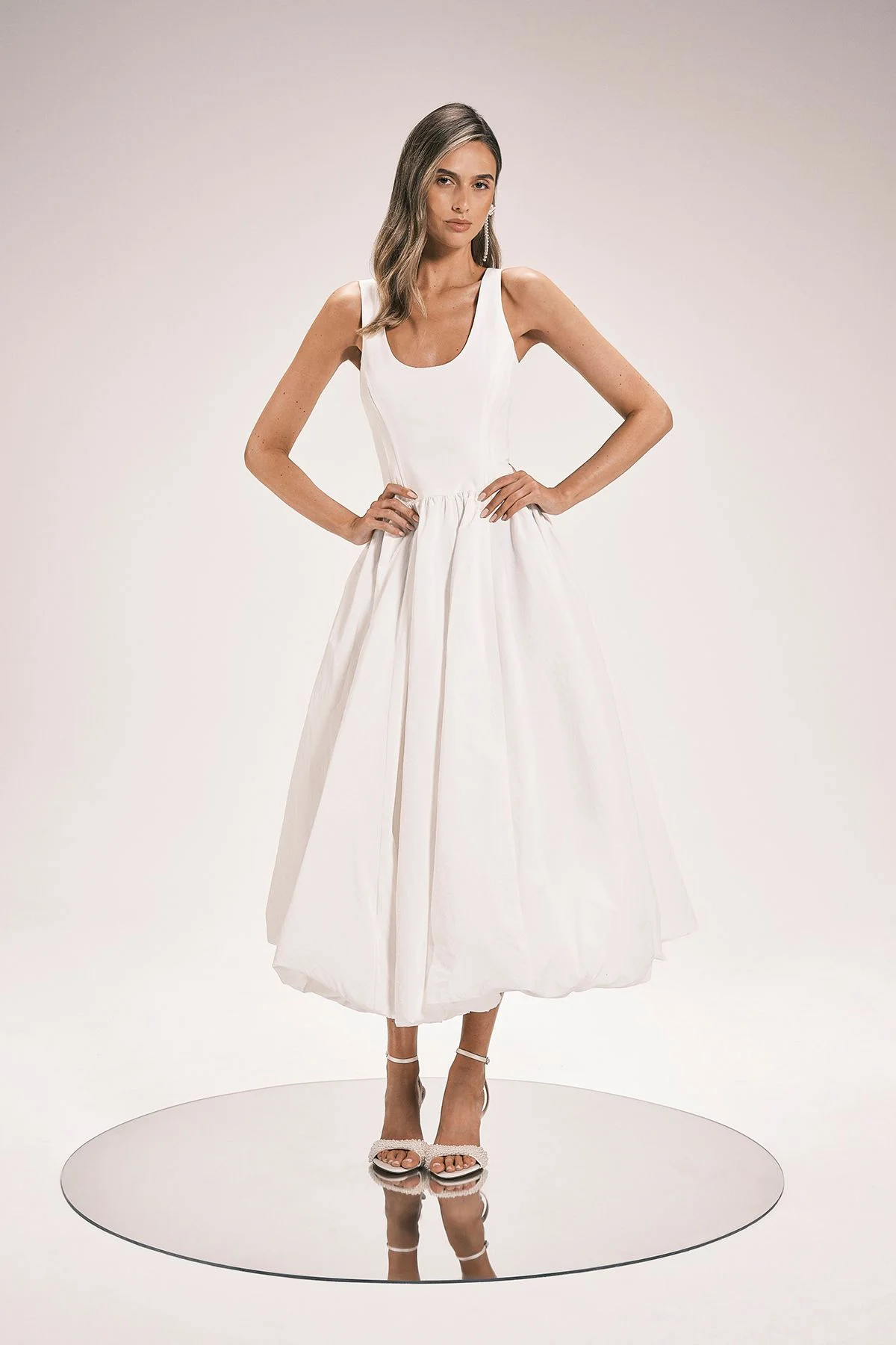 Petite Taffeta Bodice Puff Ball Woven Midi Dress - 1