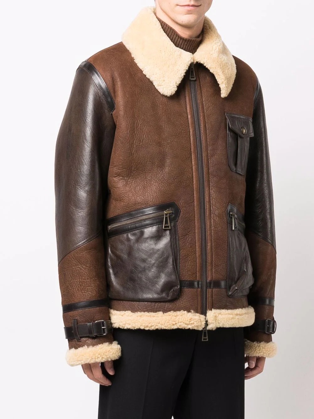 shearling-trimmed leather jacket - 3