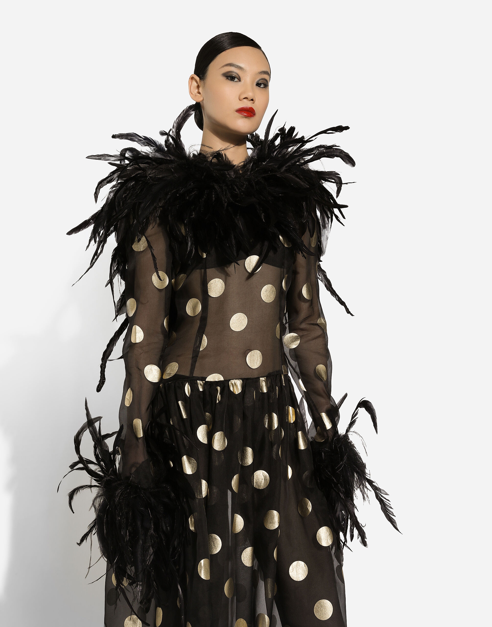 Long polka-dot silk organza dress with feathered details - 5