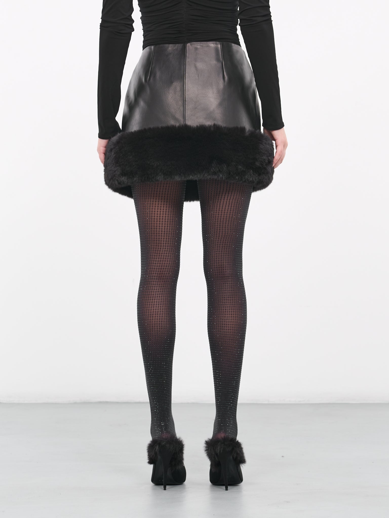 Faux Fur Trim Leather Mini Skirt - 3