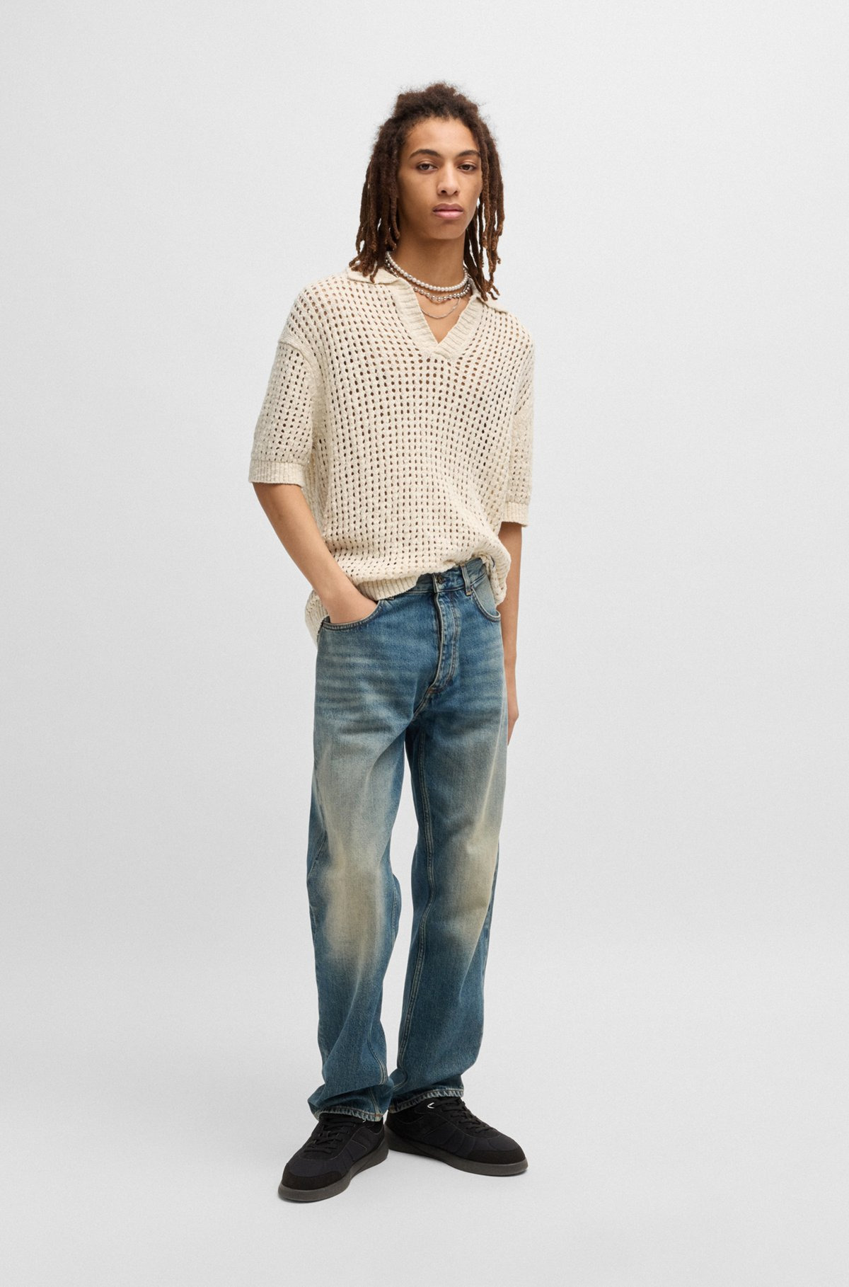 CROCHET KNIT POLO IN COTTON WITH JOHNNY COLLAR - 4