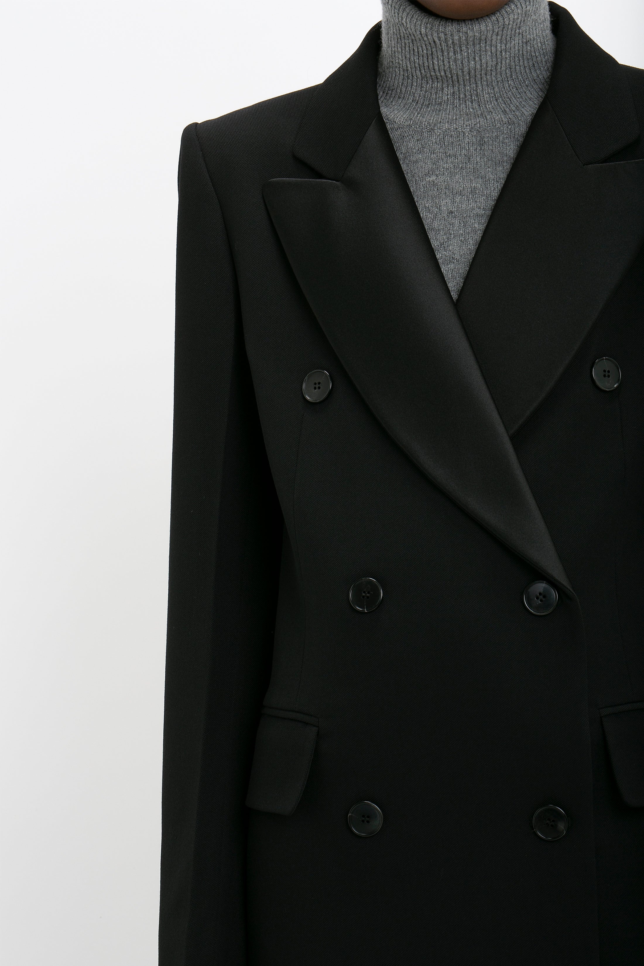 Double Breasted Tuxedo Coat in Black - 5