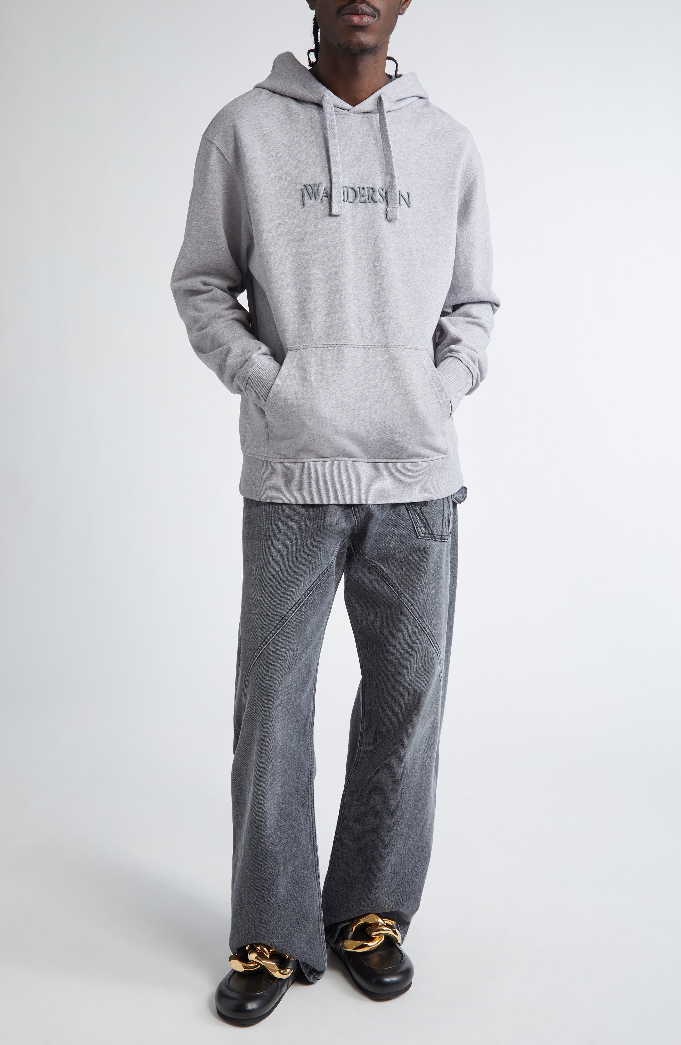 JW Anderson Logo Embroidered Hoodie in Grey Melange at Nordstrom - 2