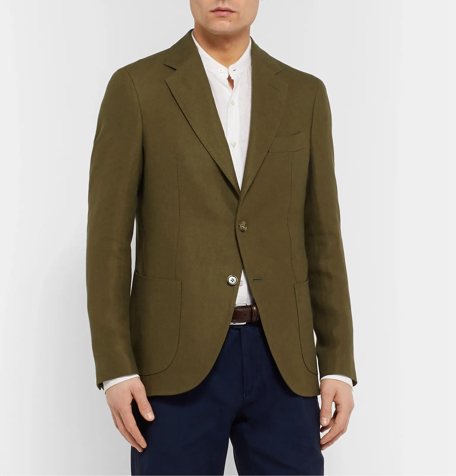 Army-Green Slim-Fit Unstructured Linen Blazer - 11