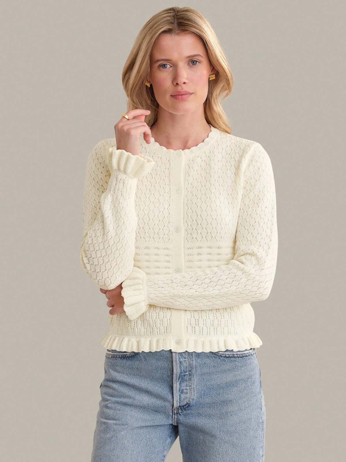 Adair: Pointelle Ruffle Trim Cotton Cardigan - 1