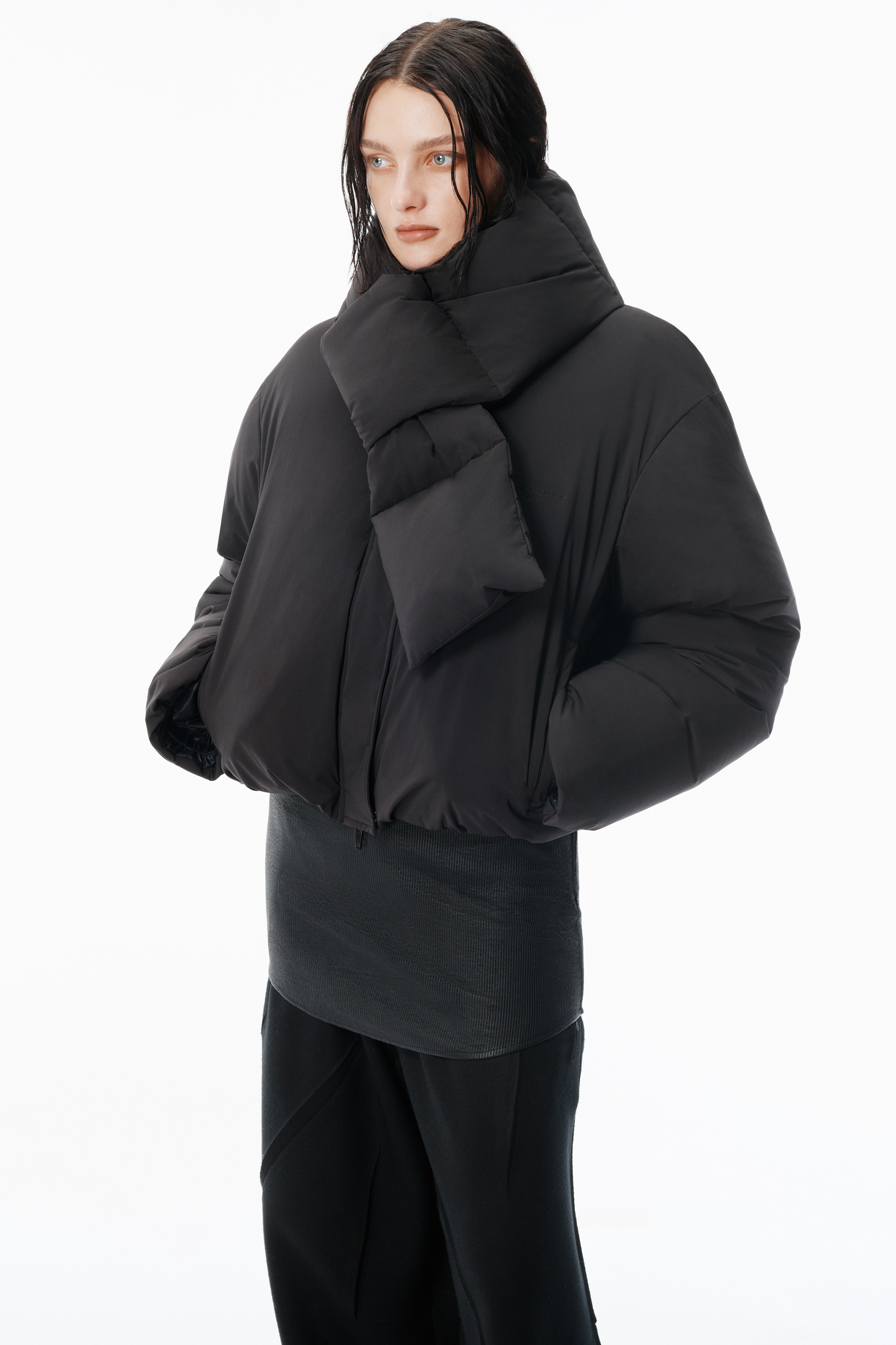 Black Puffer Coat with Detachable Scarf - 3