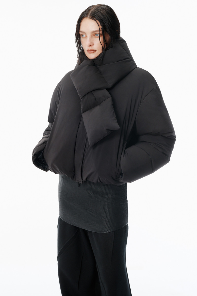 Black Puffer Coat with Detachable Scarf 3