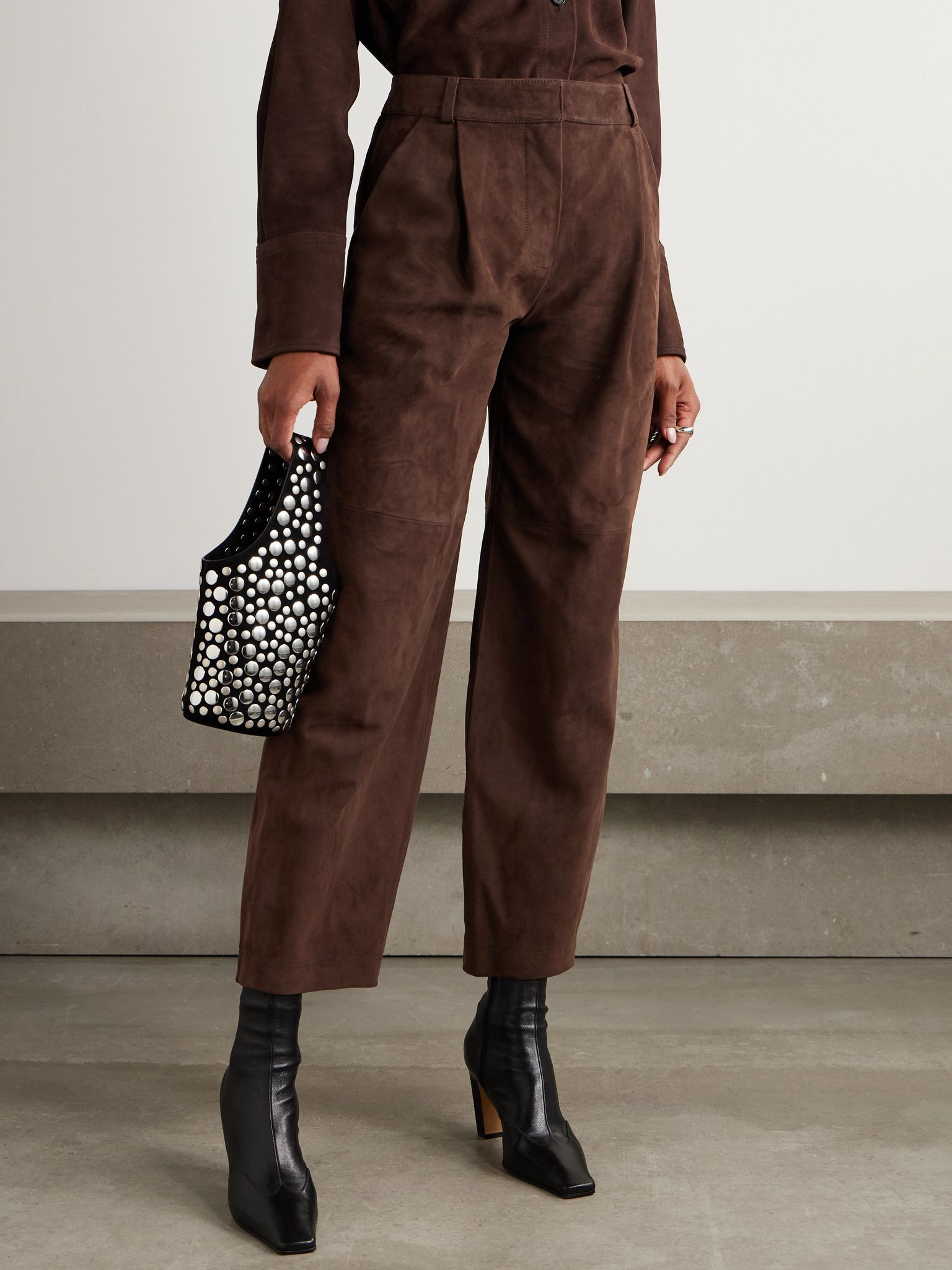 Cropped suede barrel-leg pants Brown - 3