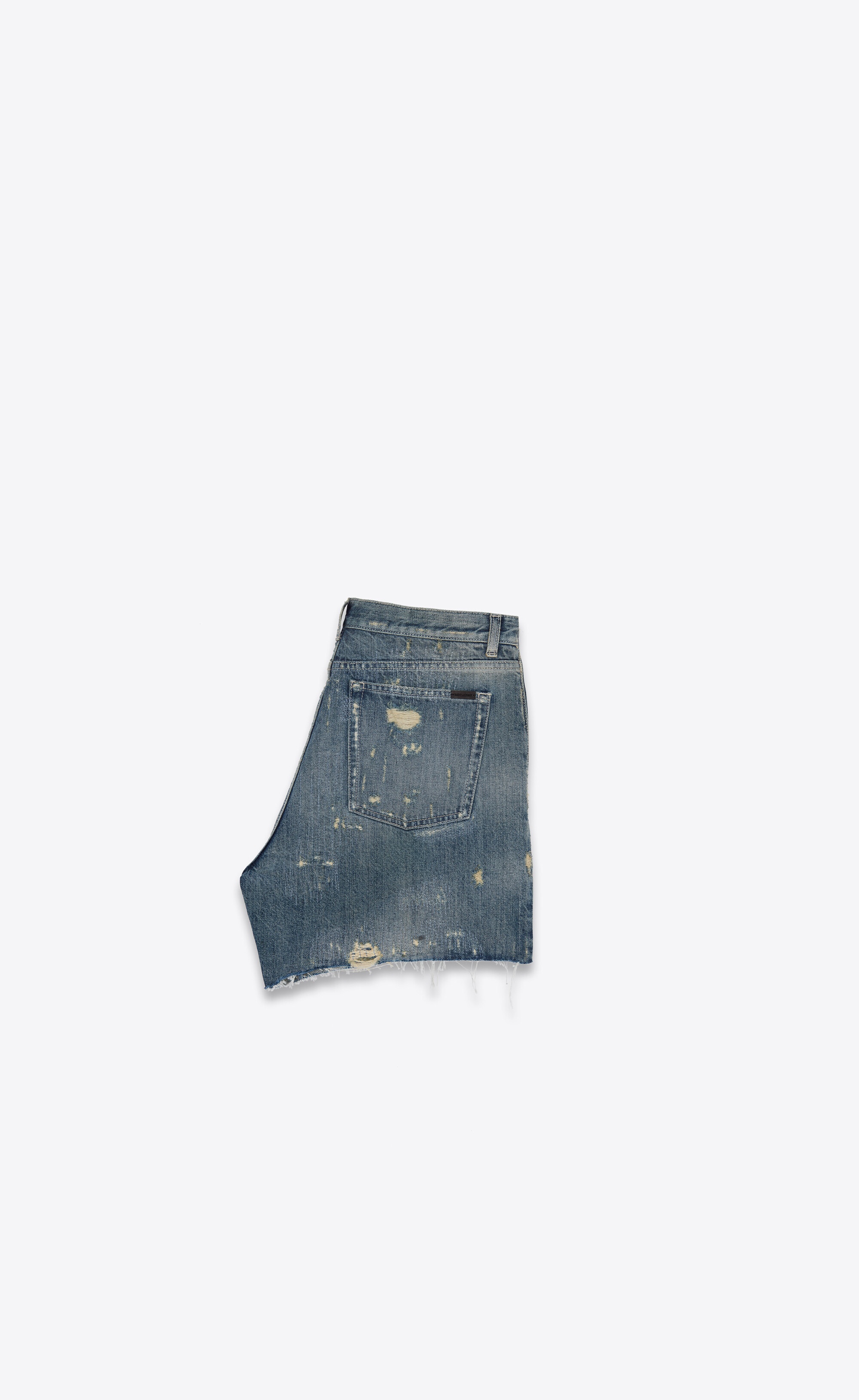 destroyed california shorts in repaired dirty blue denim - 2