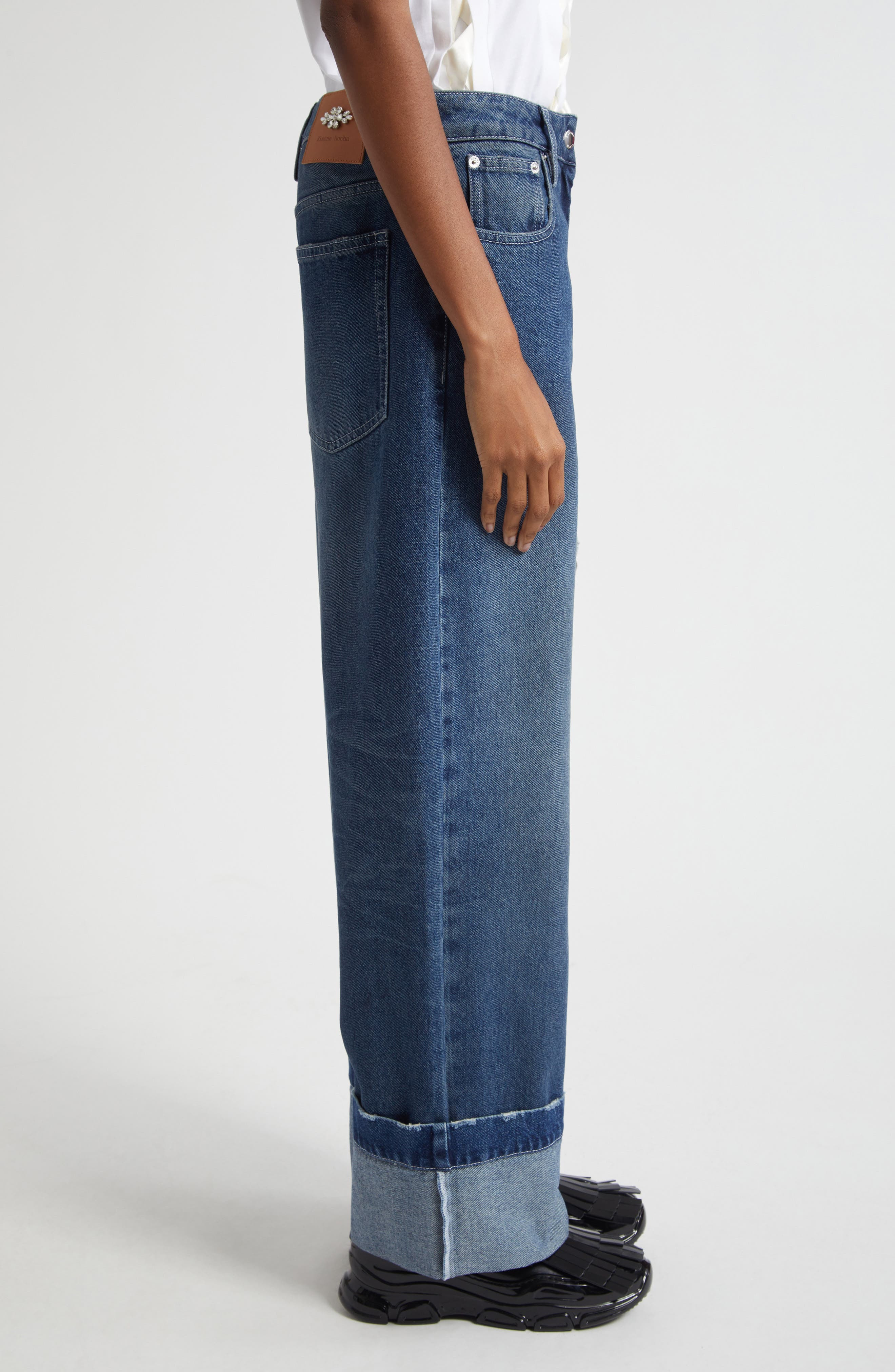 Simone Rocha Embellished Distressed Straight Leg Jeans in Distressed Blue/Pearl/Clear at Nordstrom - 4