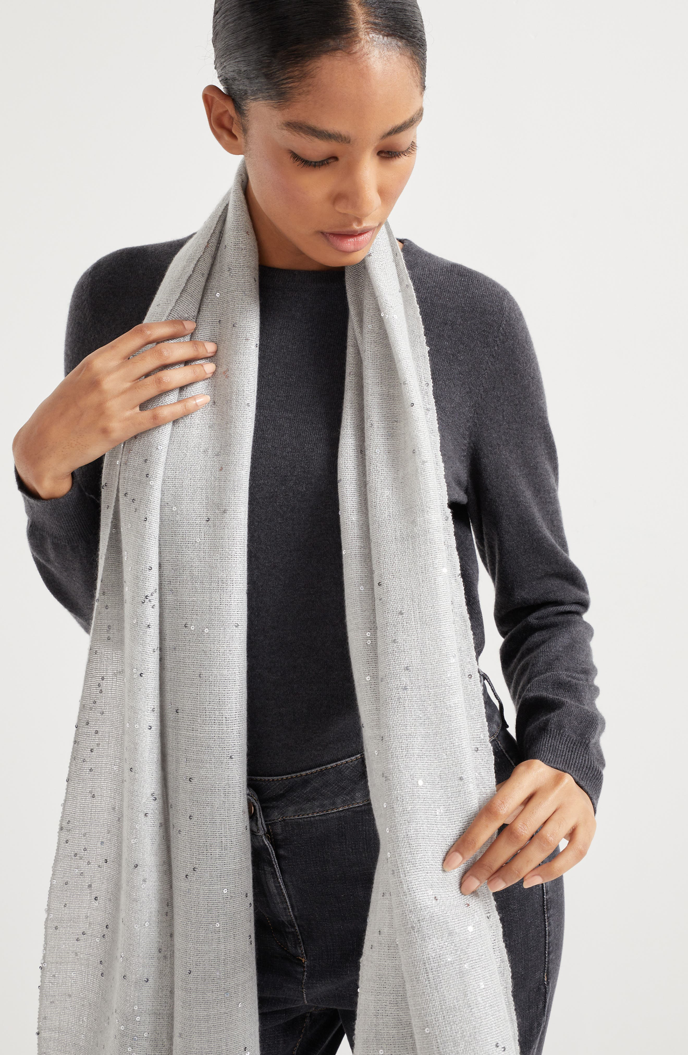 Brunello Cucinelli Cashmere and silk Diamond yarn scarf in Fog at Nordstrom - 5