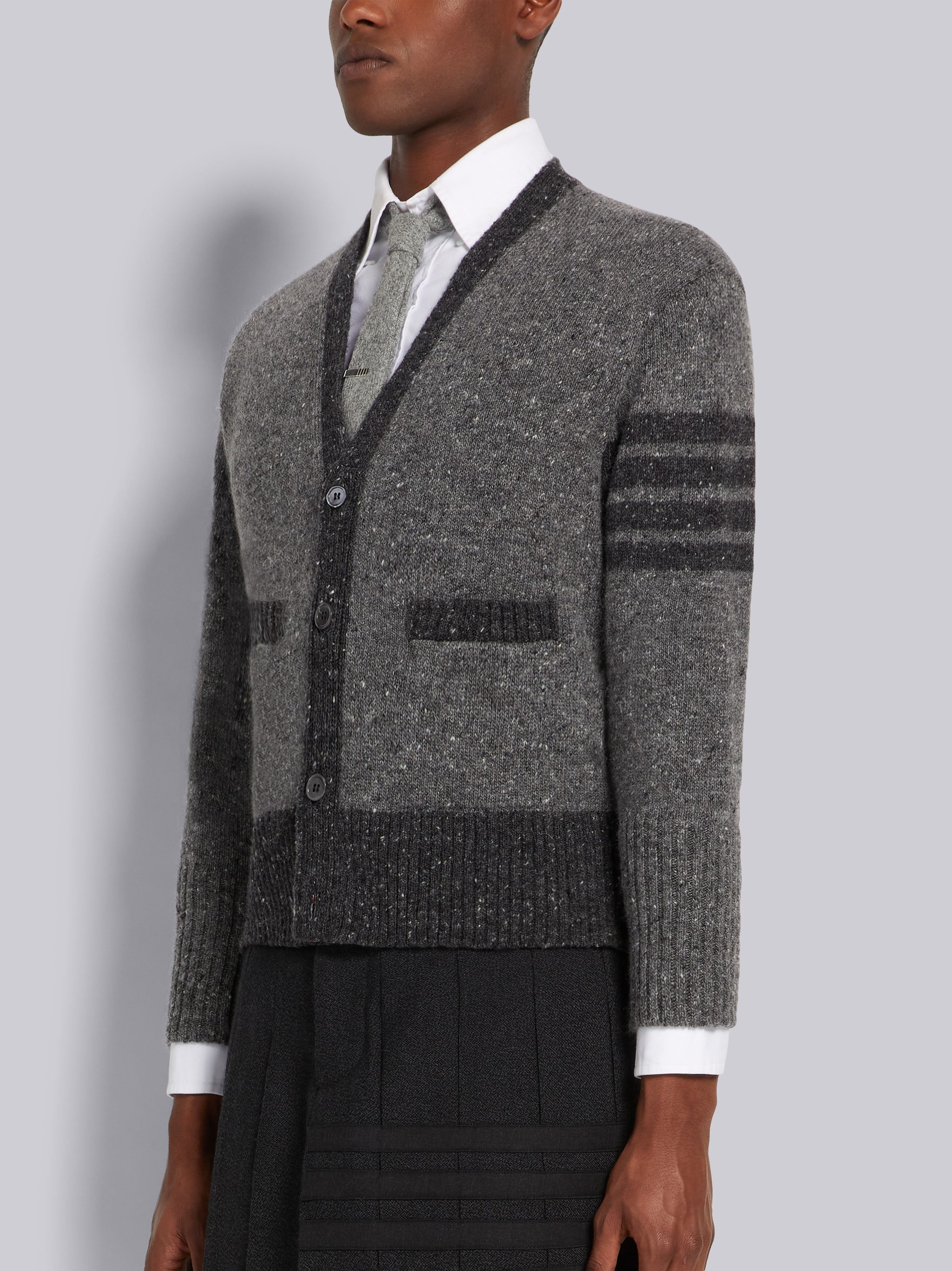 Medium Grey Jersey Stitch Mohair Tweed 4-Bar V-Neck Cardigan - 2