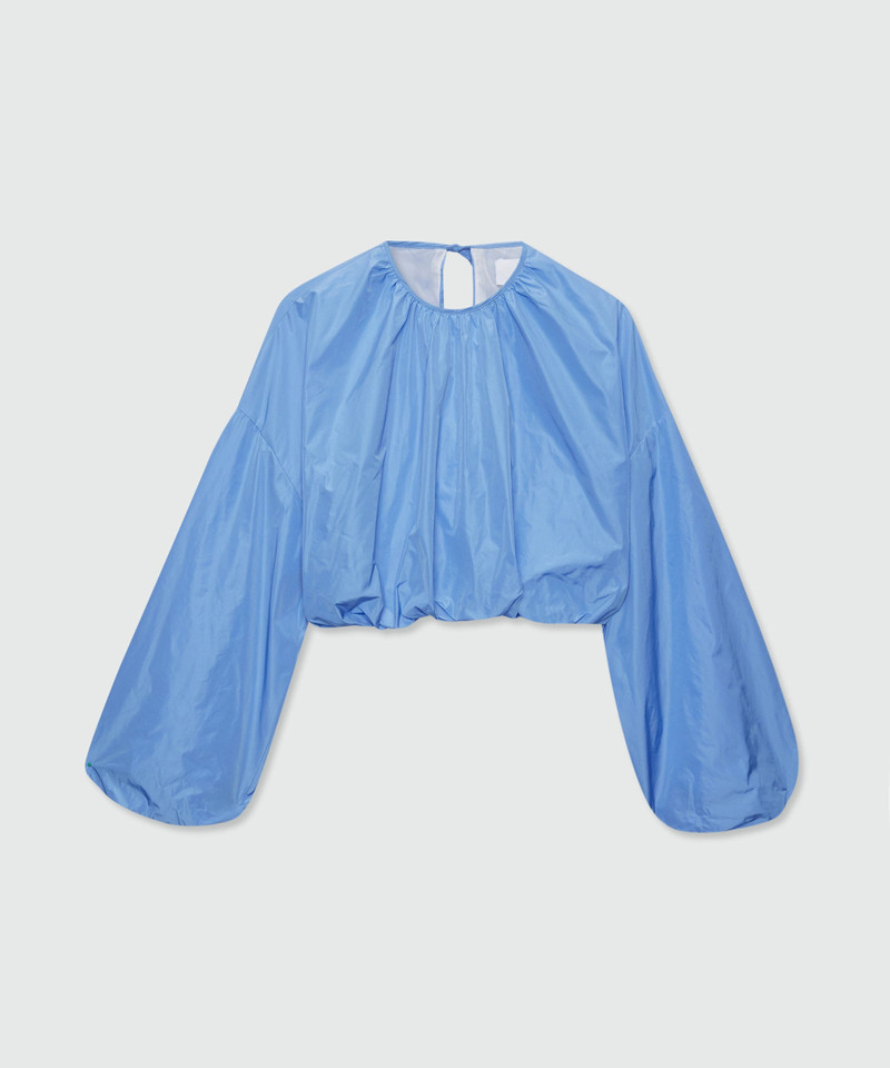 Light blue cropped taffeta blouse with balloon silhouette 1