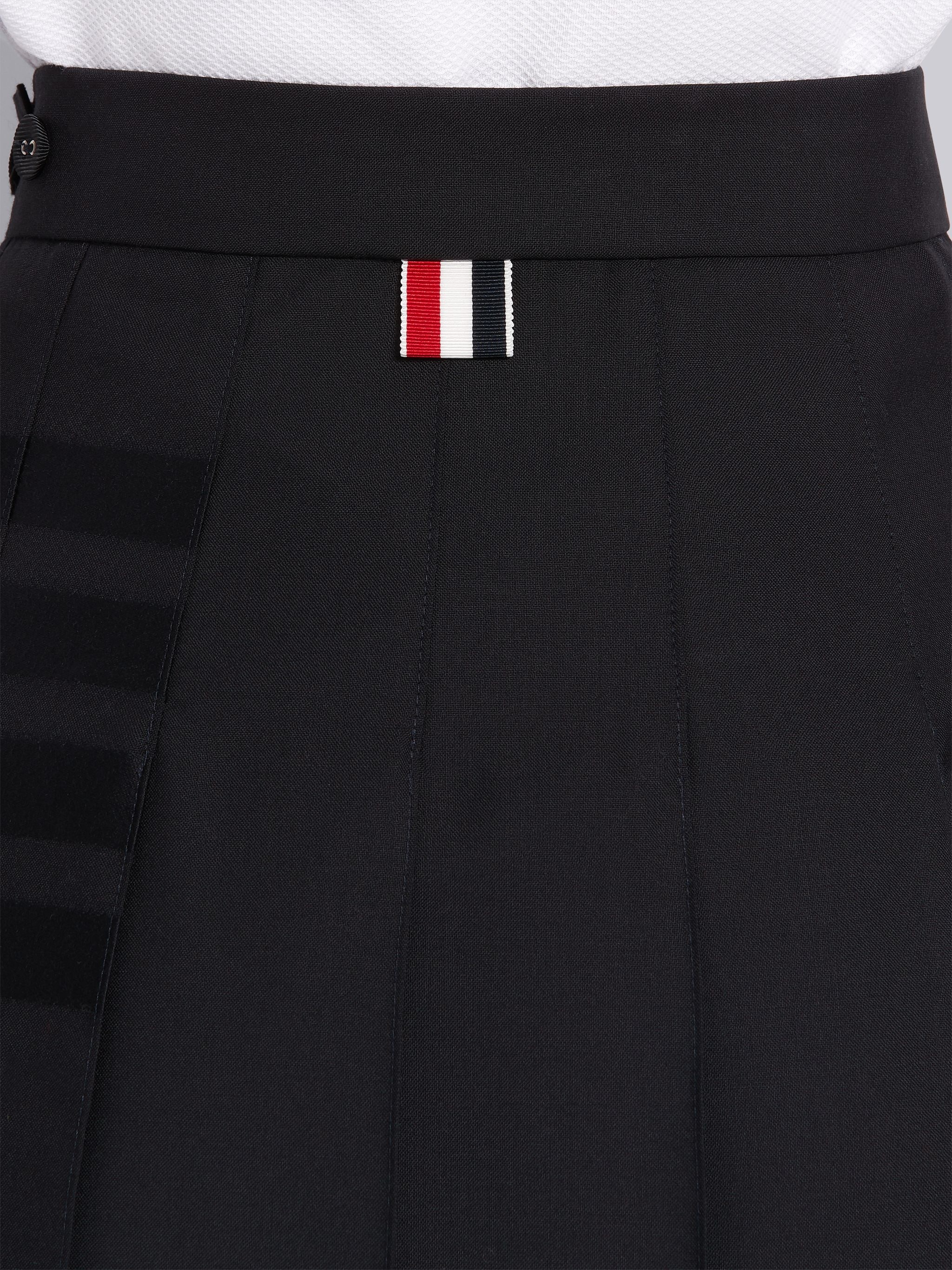 Black Wool Plain Weave Suiting Engineered 4-Bar Below Knee Pleated Skirt - 6